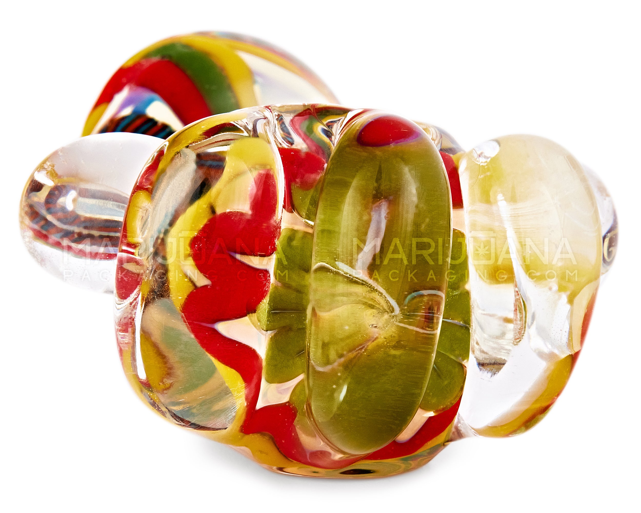 Double Blown | Ribboned & Gold Fumed Ringed Spoon Hand Pipe w/ Stripes & Triple Knockers | 4.5in Long - Glass - Assorted - 4
