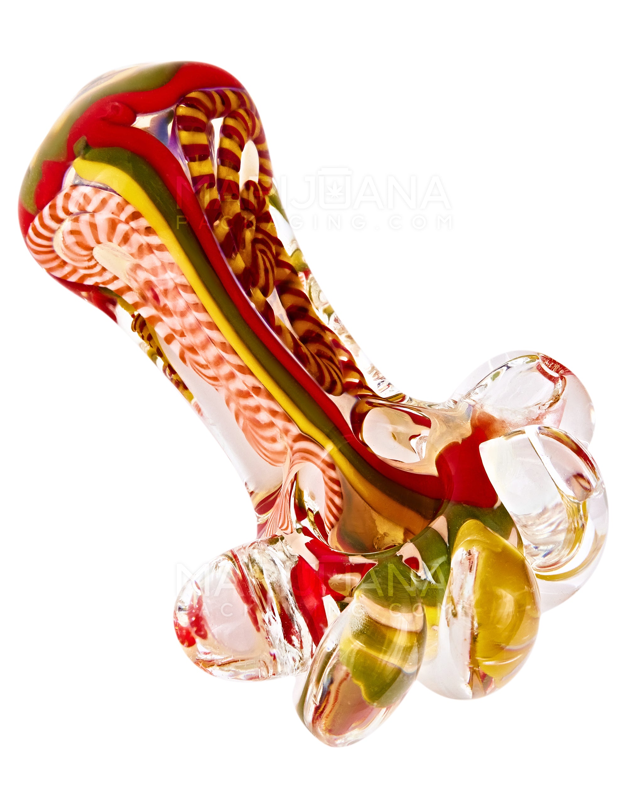 Double Blown | Ribboned & Gold Fumed Ringed Spoon Hand Pipe w/ Stripes & Triple Knockers | 4.5in Long - Glass - Assorted - 6