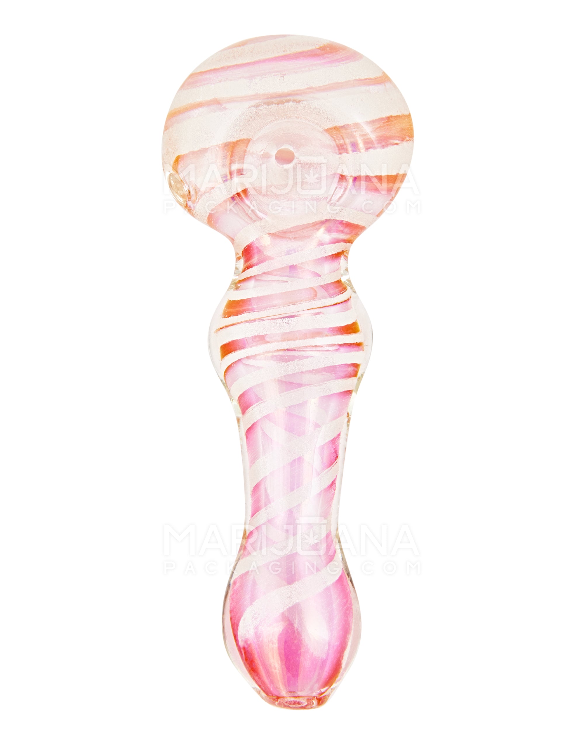 Glow-in-the-Dark | Spiral Pink Fumed Spiral Bulged Spoon Hand Pipe | 4.5in Long - Glass - Pink - 2