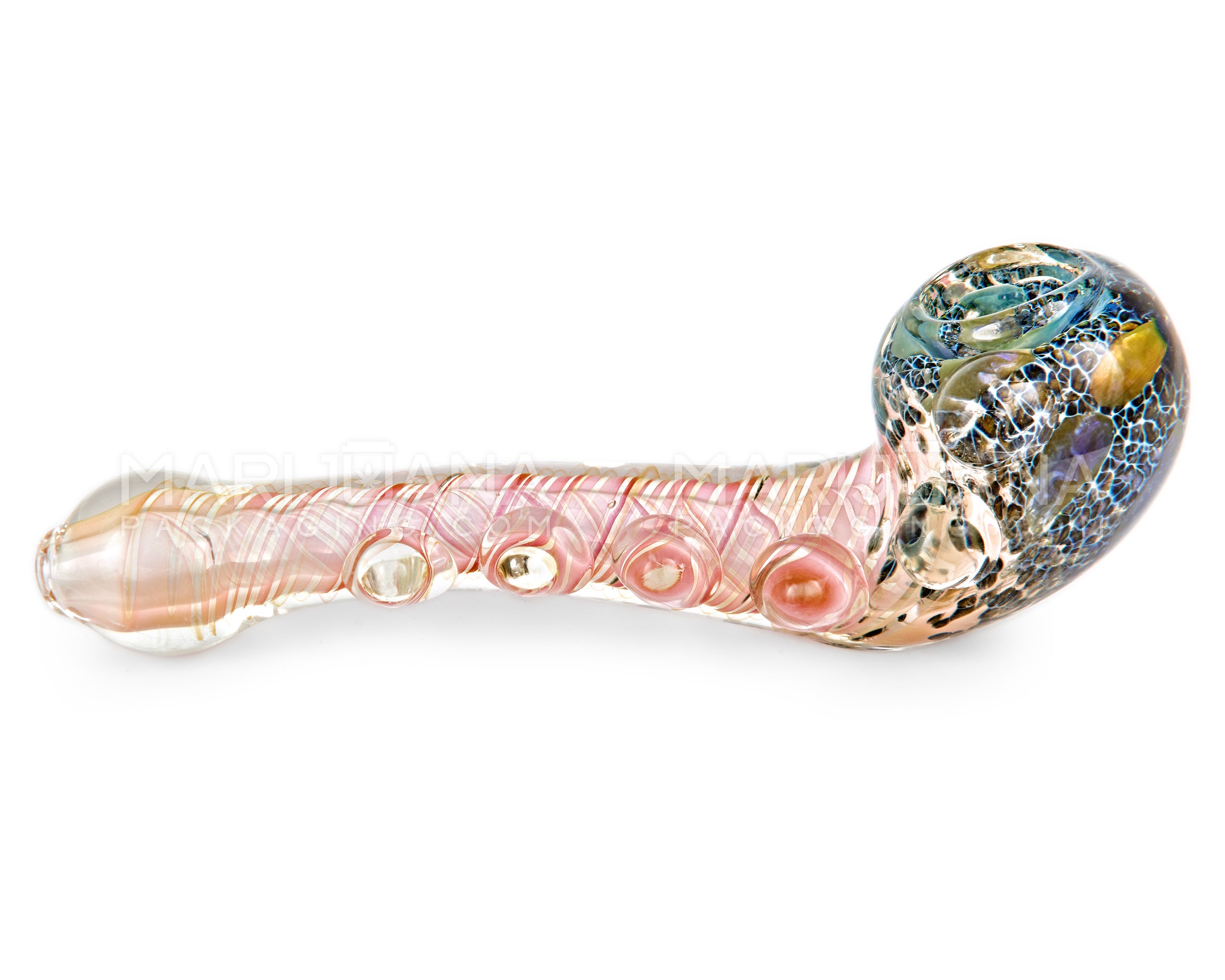 Frit & Pink Fumed Spiral Sherlock Hand Pipe w/ Bubble Trap & Multi Knockers | 6in Long - Glass - Assorted - 8