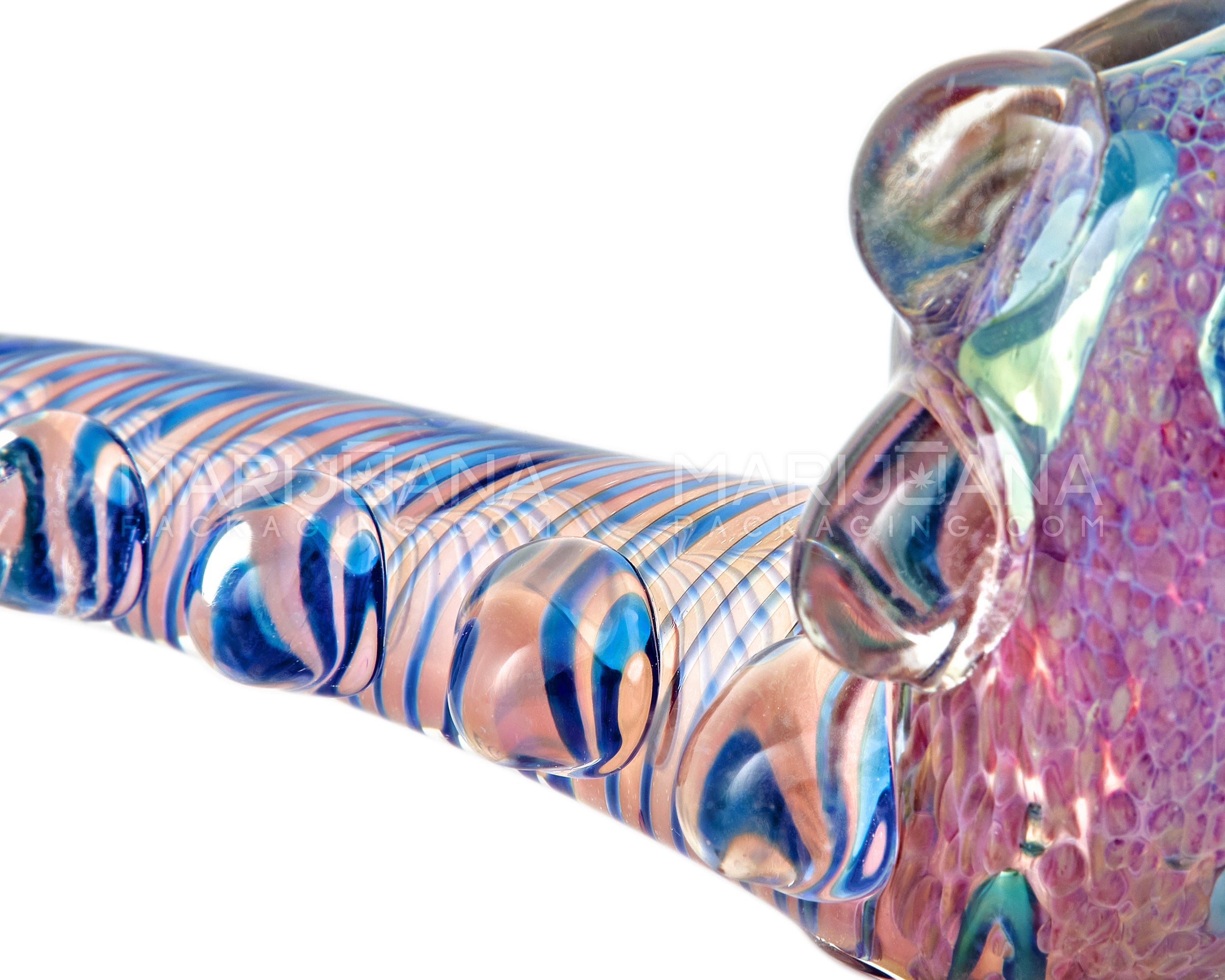 Frit & Pink Fumed Spiral Sherlock Hand Pipe w/ Bubble Trap & Multi Knockers | 6in Long - Glass - Assorted - 5