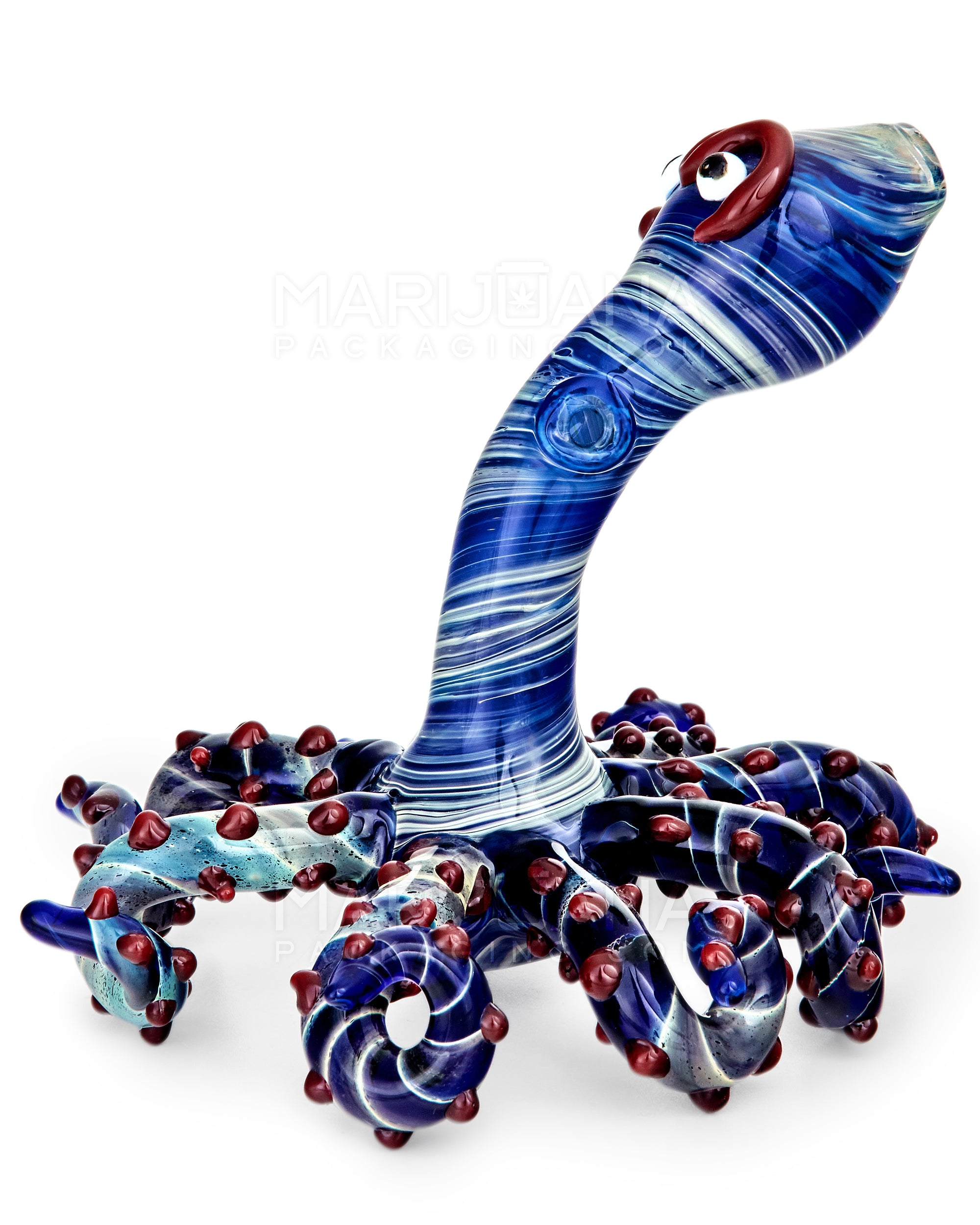 Heady | Spiral Octopus Hand Pipe w/ Knocker Tentacles | 6in Tall - Glass - Blue - 2