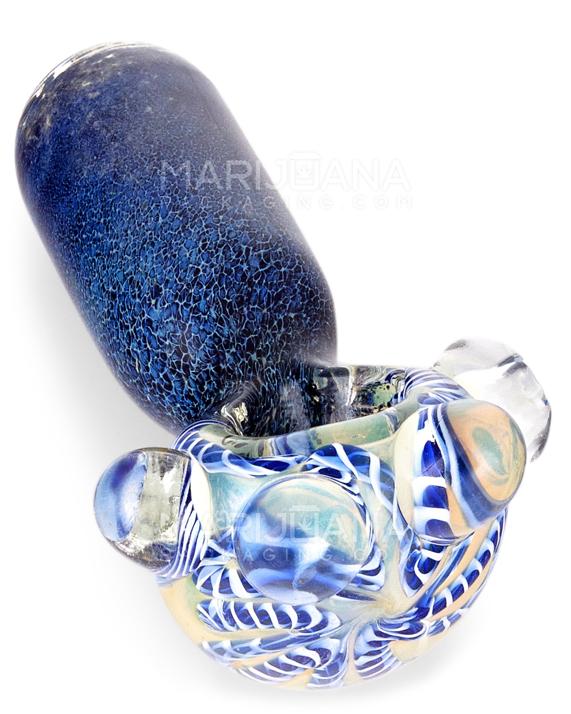 Double Blown | Ribboned & Frit Bottleneck Spoon Hand Pipe w/ Triple Knockers | 4.5in Long - Thick Glass - Assorted - 1
