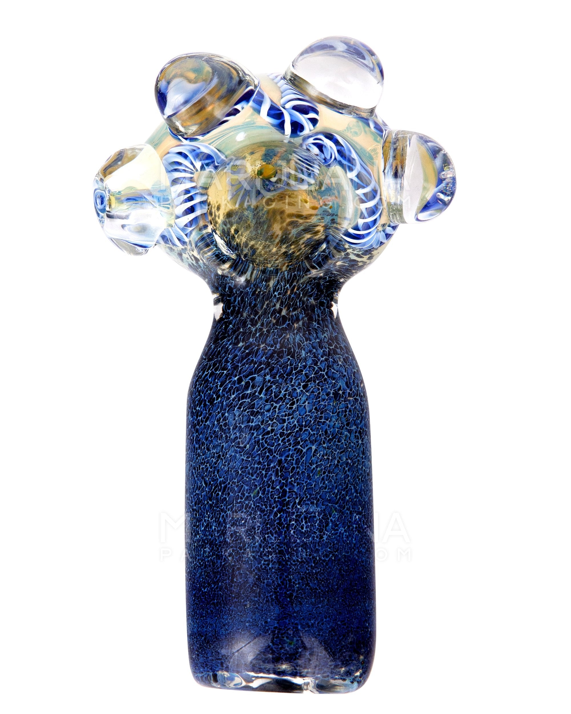 Double Blown | Ribboned & Frit Bottleneck Spoon Hand Pipe w/ Triple Knockers | 4.5in Long - Thick Glass - Assorted - 2
