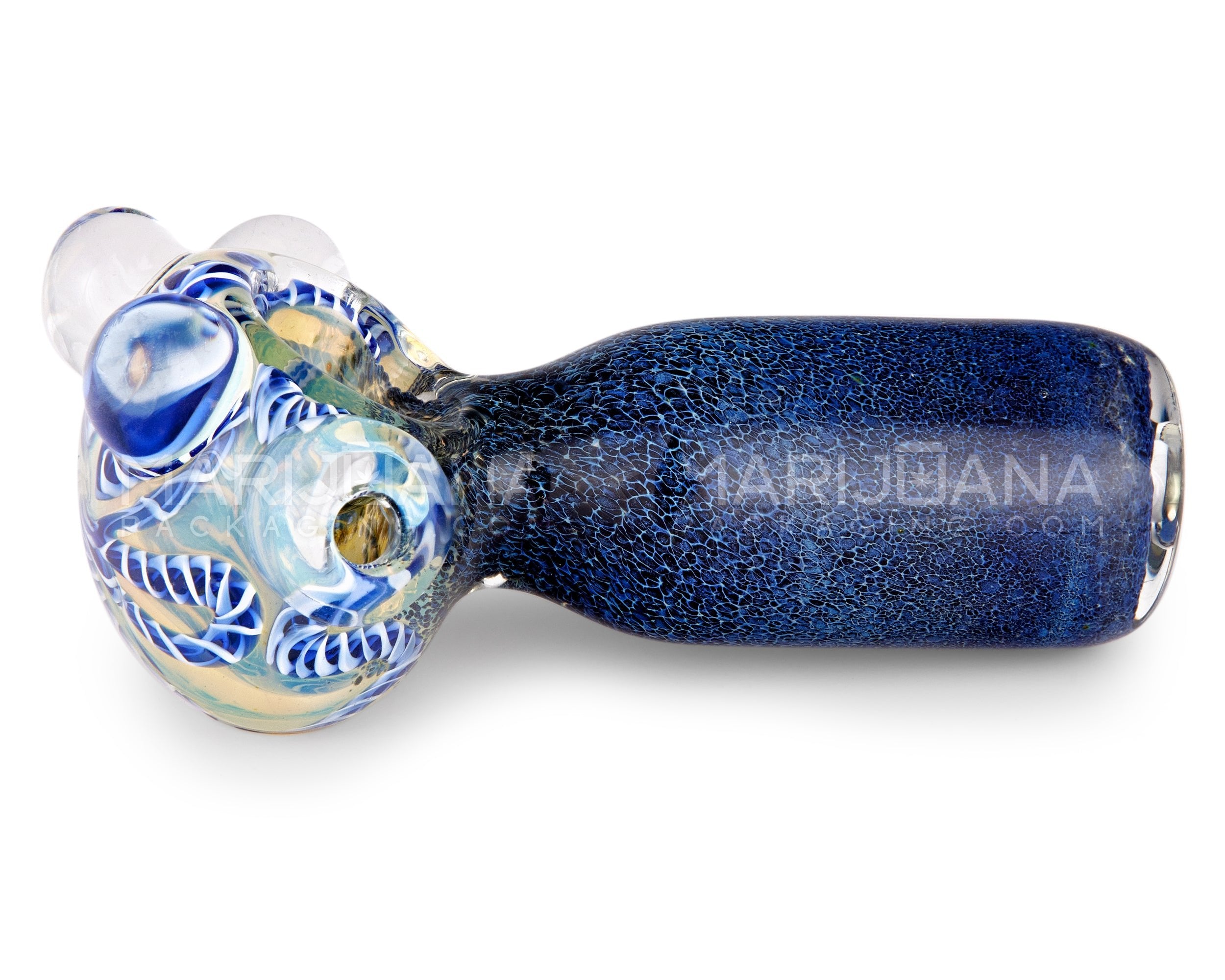 Double Blown | Ribboned & Frit Bottleneck Spoon Hand Pipe w/ Triple Knockers | 4.5in Long - Thick Glass - Assorted - 6