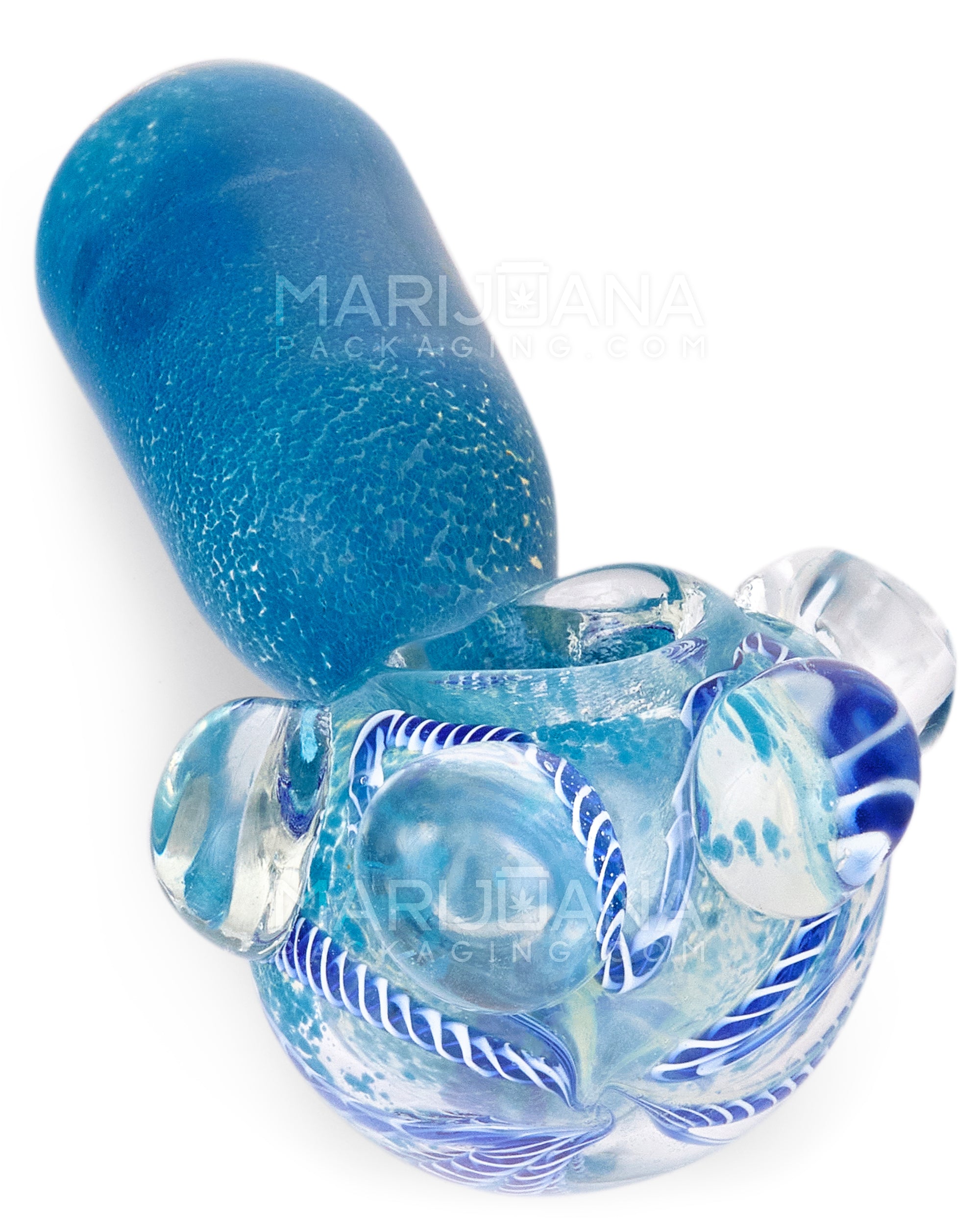Double Blown | Ribboned & Frit Bottleneck Spoon Hand Pipe w/ Triple Knockers | 4.5in Long - Thick Glass - Assorted - 7