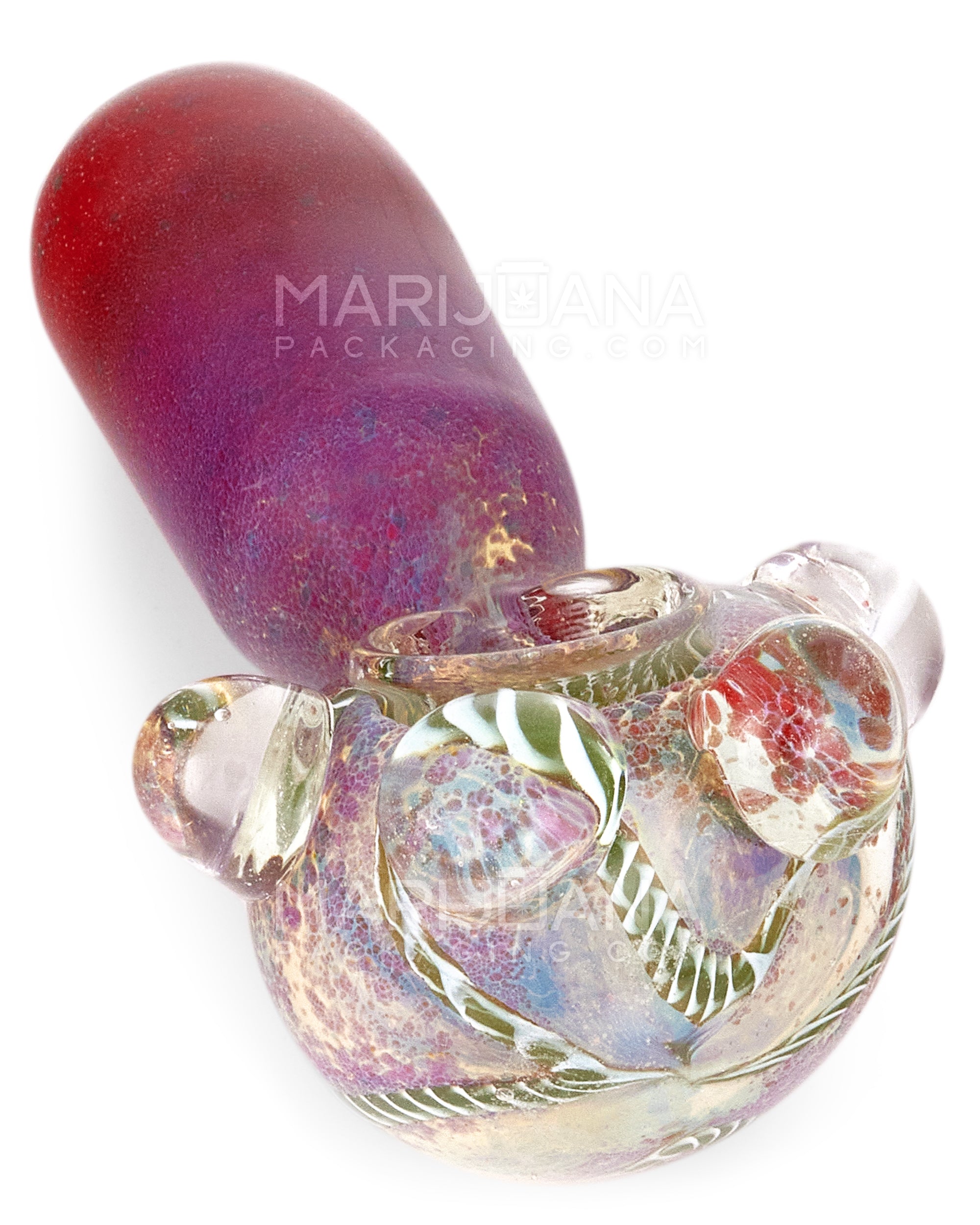 Double Blown | Ribboned & Frit Bottleneck Spoon Hand Pipe w/ Triple Knockers | 4.5in Long - Thick Glass - Assorted - 9