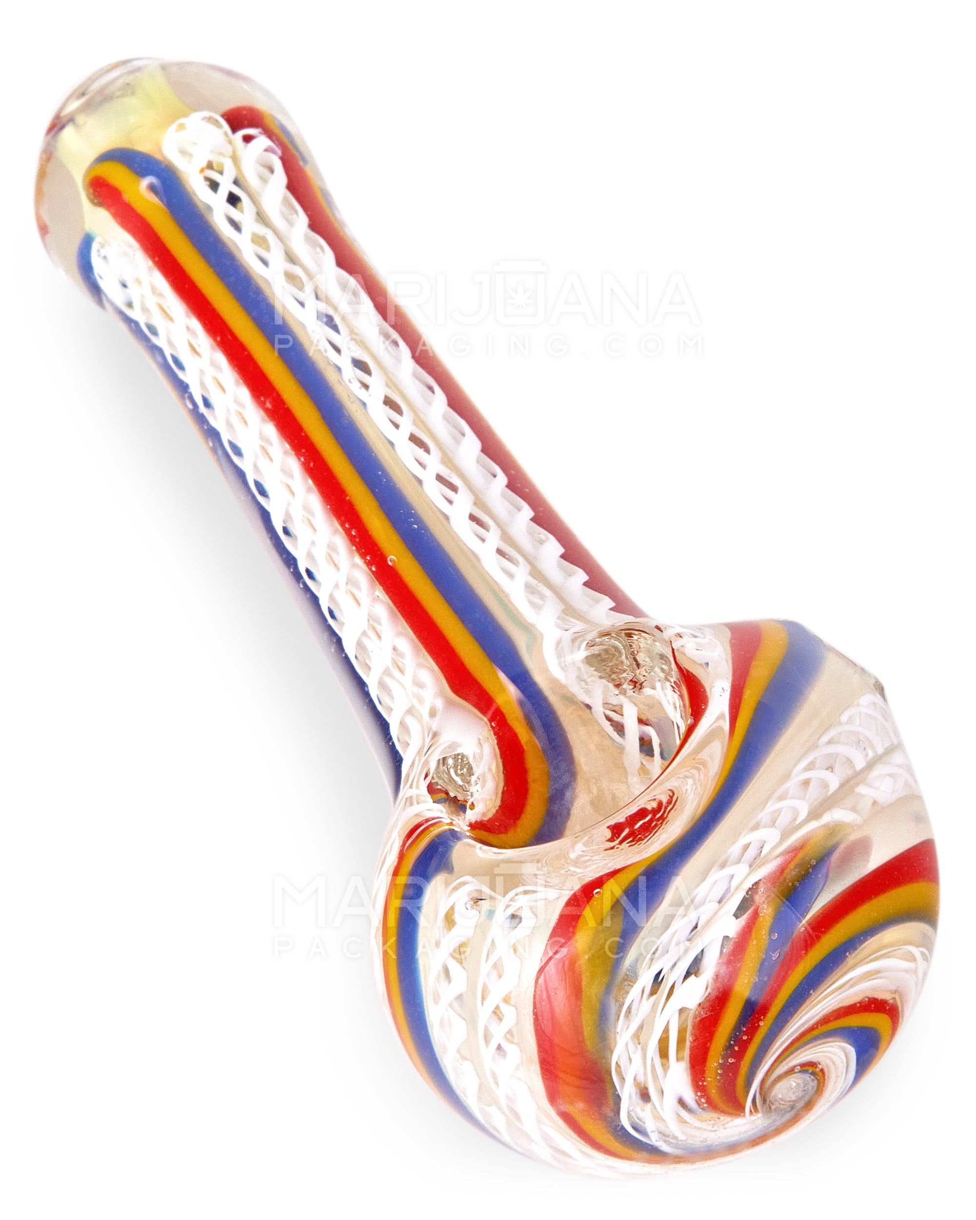 Ribboned & Multi Fumed Spoon Hand Pipe w/ Stripes | 4in Long - Glass - Assorted - 6