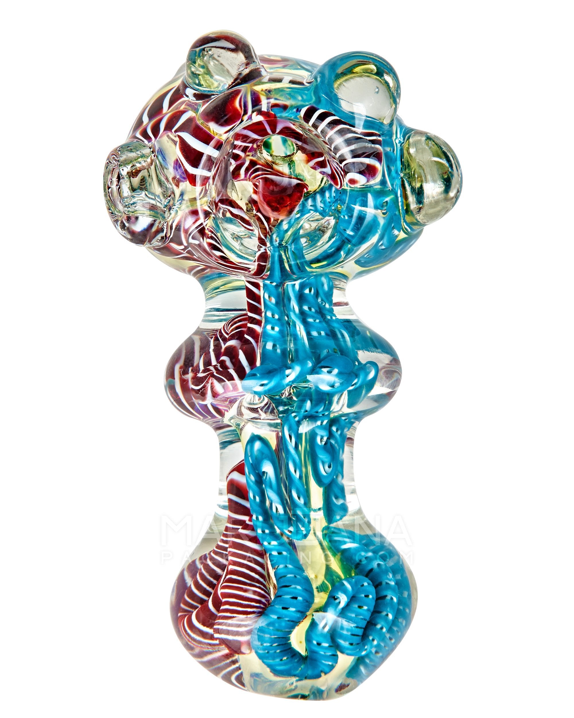 Triple Blown | Ribboned & Gold Fumed Ringed Spoon Hand Pipe w/ Multi Knockers | 4in Long - Very Thick Glass - Assorted - 2