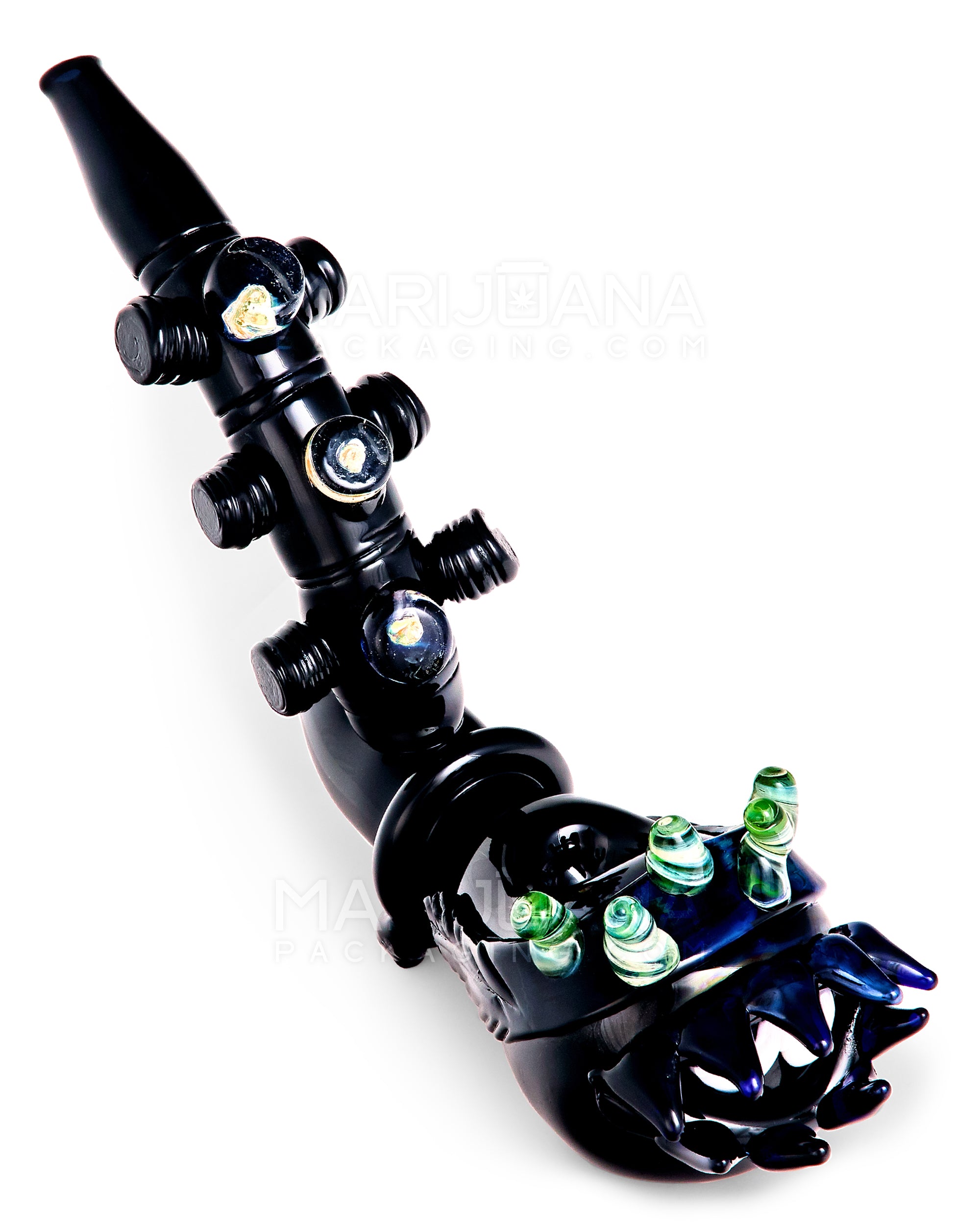 Heady | Black Lagoon Spiked Hand Pipe w/ Marble Knob Knockers | 9in Long - Glass - Black - 1