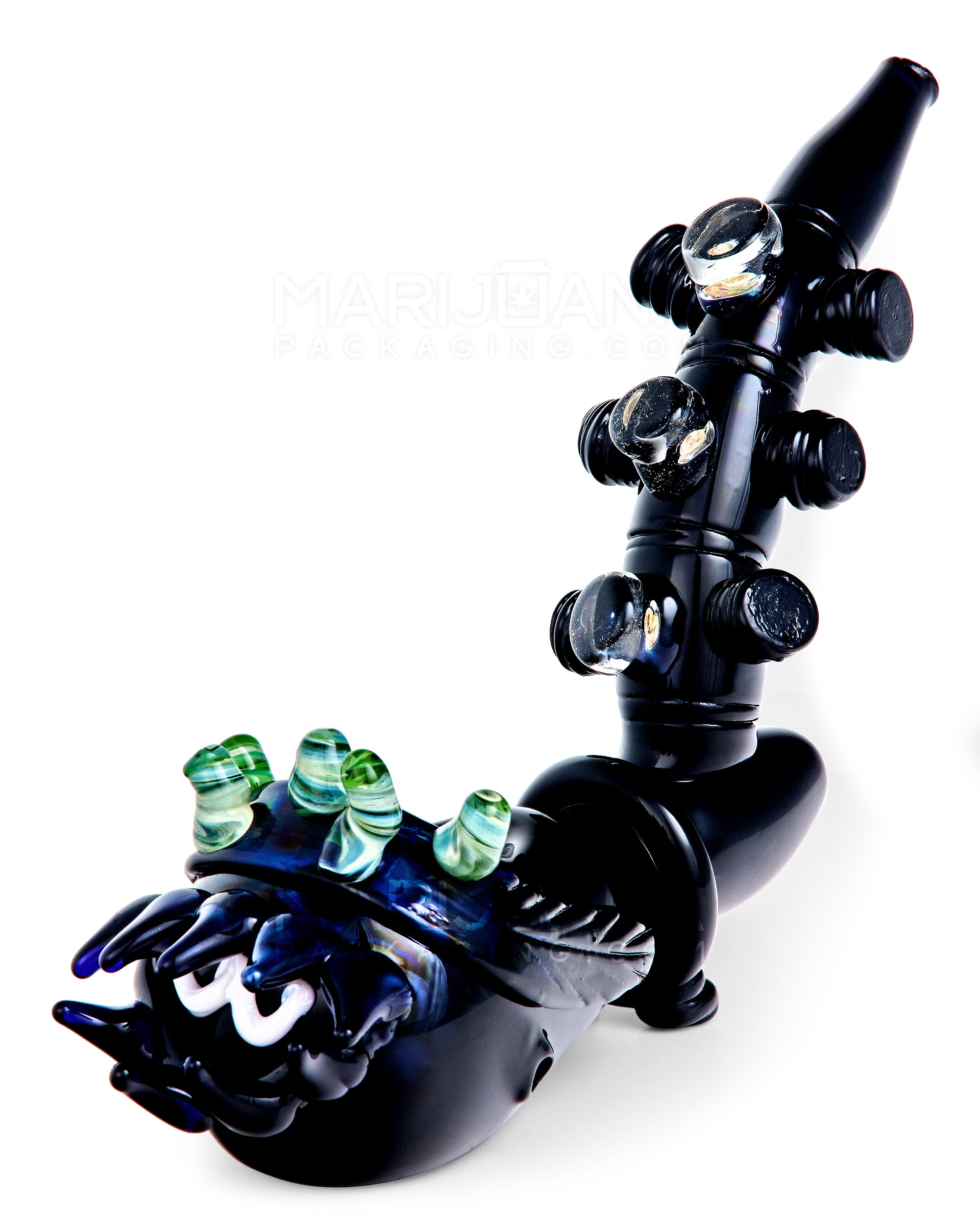 Heady | Black Lagoon Spiked Hand Pipe w/ Marble Knob Knockers | 9in Long - Glass - Black - 6