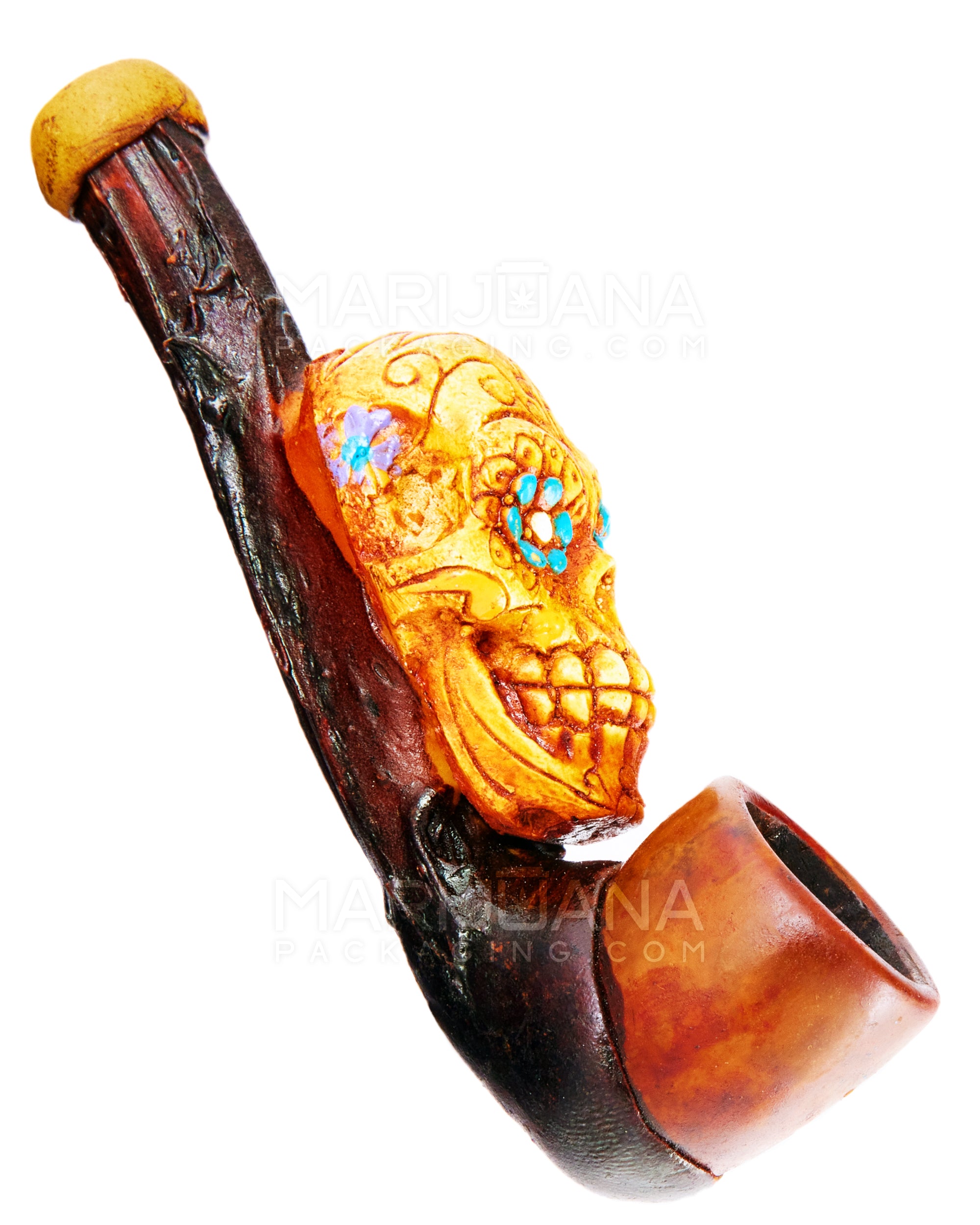 Los Muertos Sugar Skull Sherlock Hand Pipe | 3in Long - Wood - Orange - 1