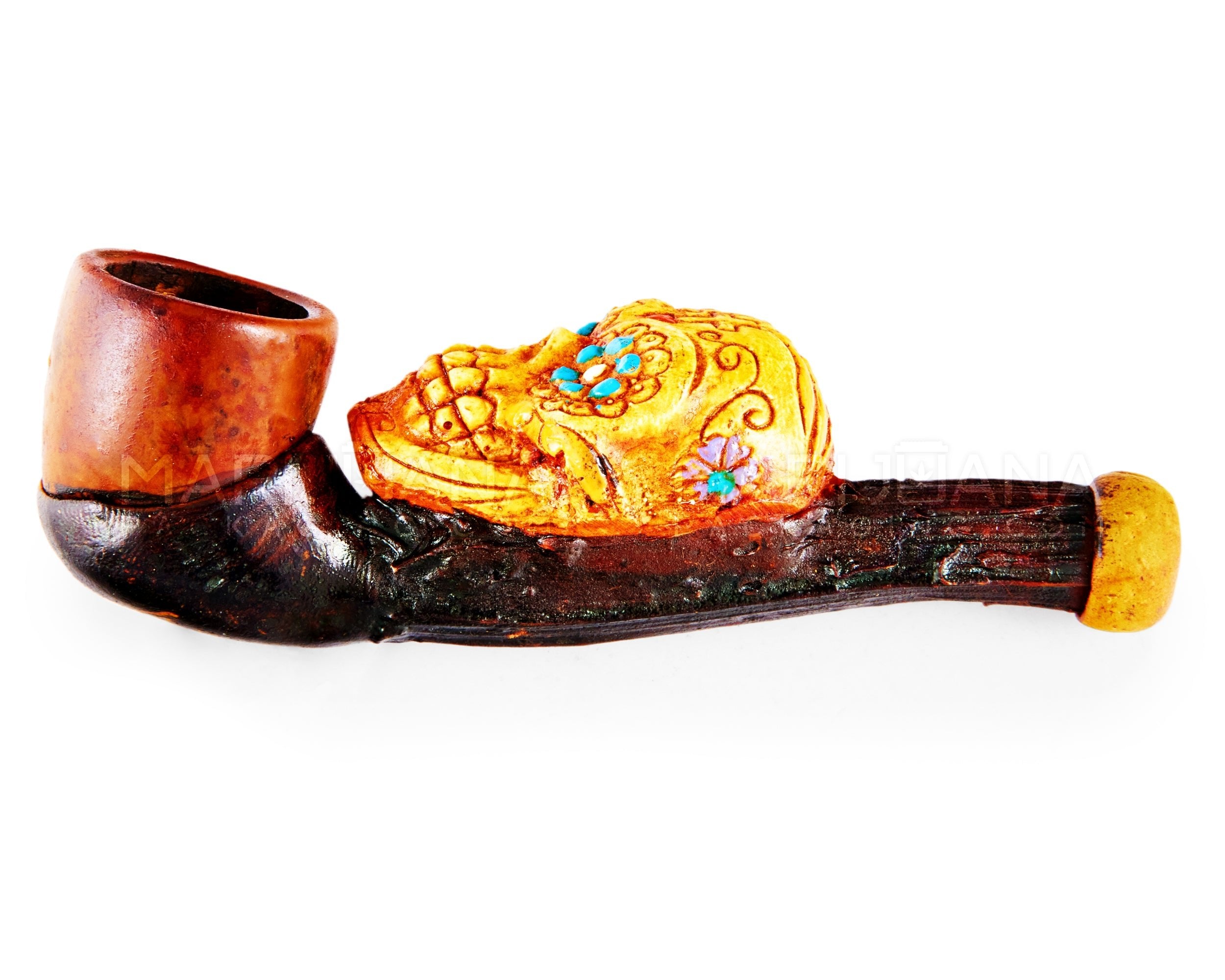 Los Muertos Sugar Skull Sherlock Hand Pipe | 3in Long - Wood - Orange - 4