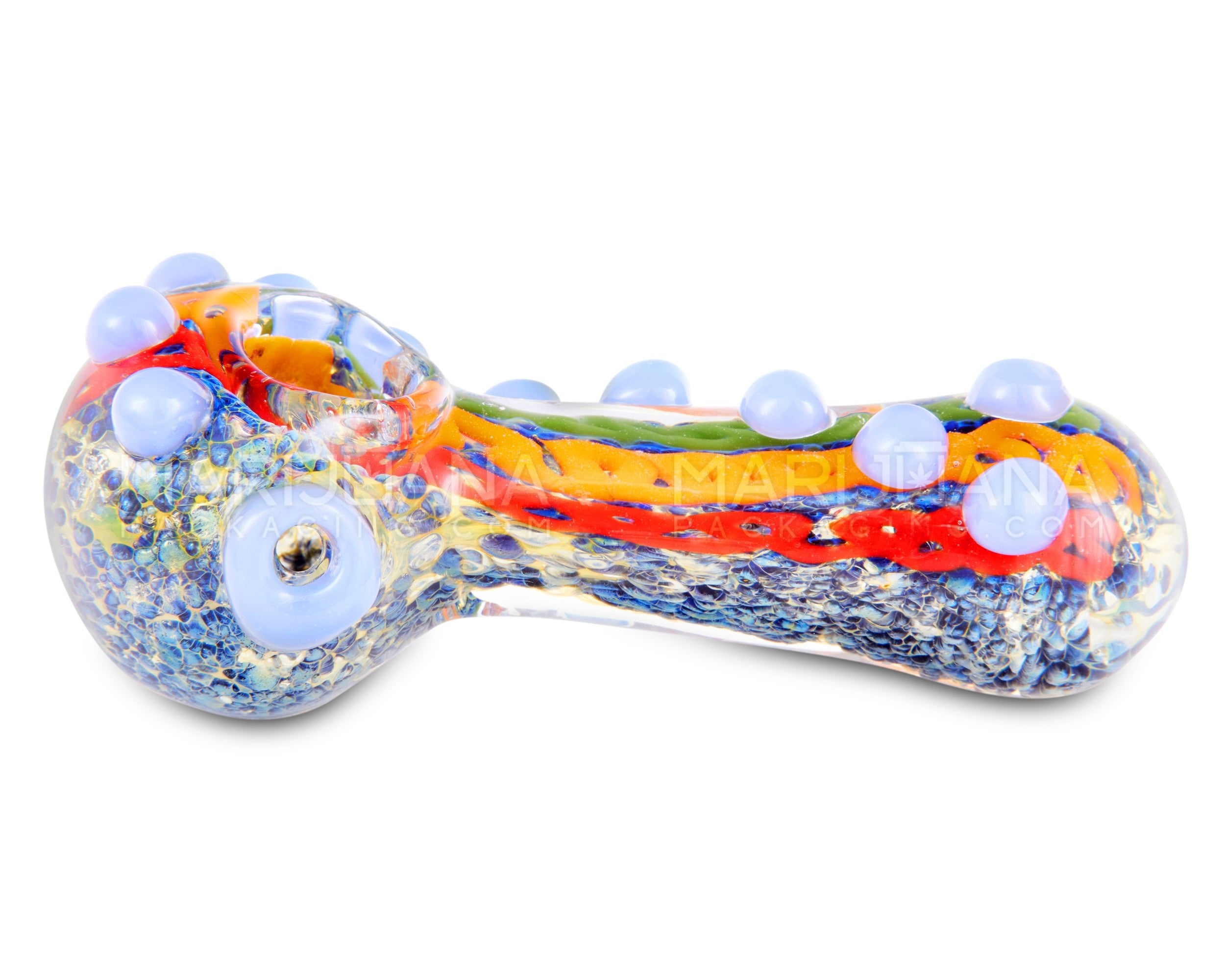 Frit Spoon Hand Pipe w/ Rasta Stripes & Multi Knockers | 4.5in Long - Glass - Assorted - 5