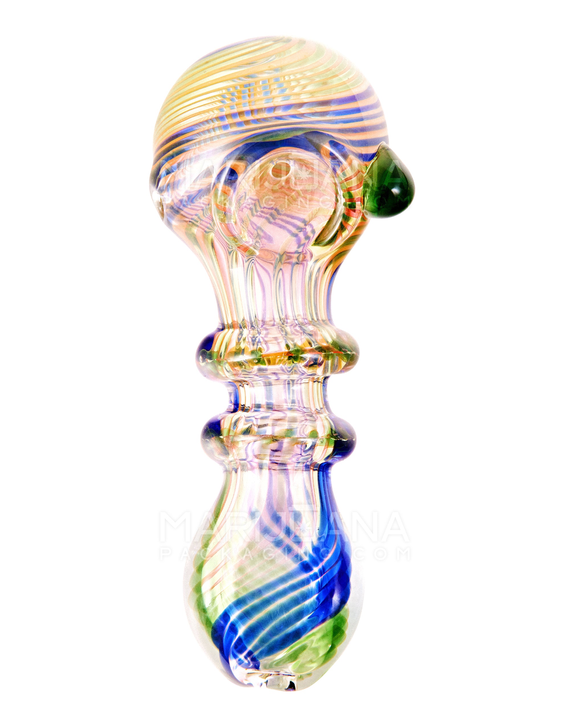 Flat Mouth Swirl & Gold Fumed Double Ringed Spoon Hand Pipe w/ Knocker | 5in Long - Glass - Assorted - 2