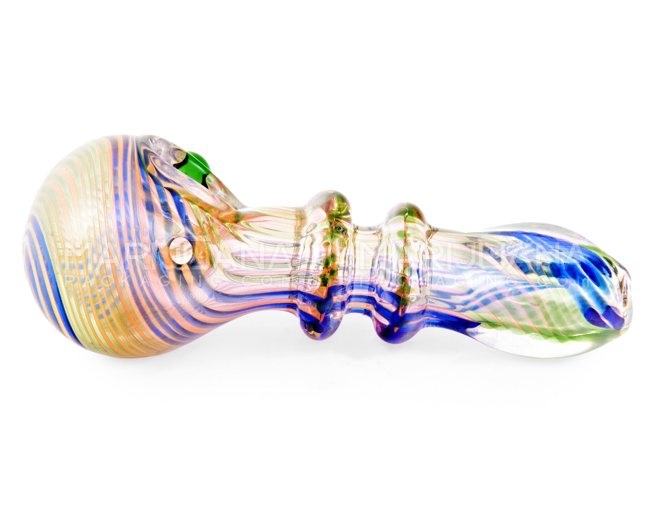 Flat Mouth Swirl & Gold Fumed Double Ringed Spoon Hand Pipe w/ Knocker | 5in Long - Glass - Assorted - 5