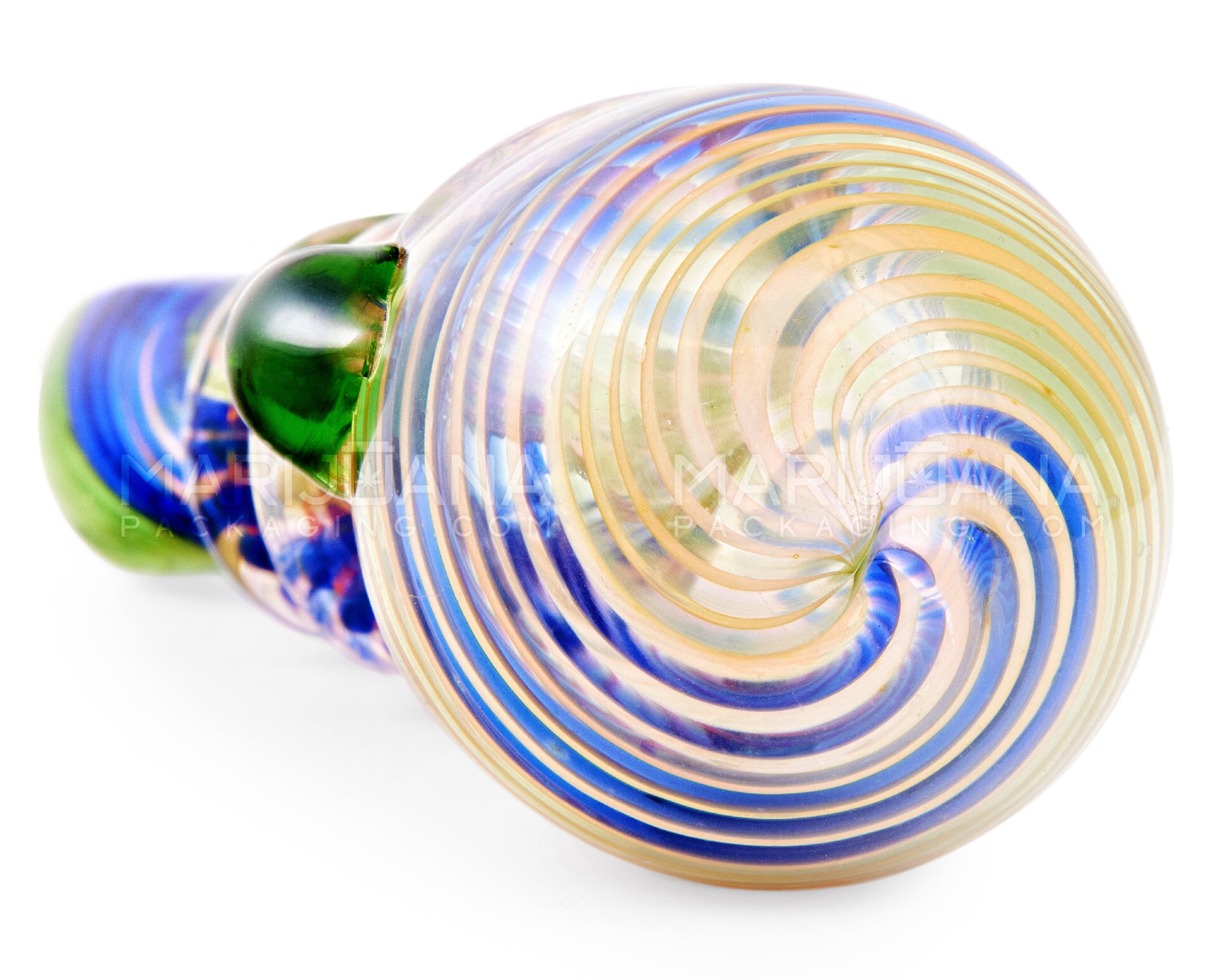 Flat Mouth Swirl & Gold Fumed Double Ringed Spoon Hand Pipe w/ Knocker | 5in Long - Glass - Assorted - 4