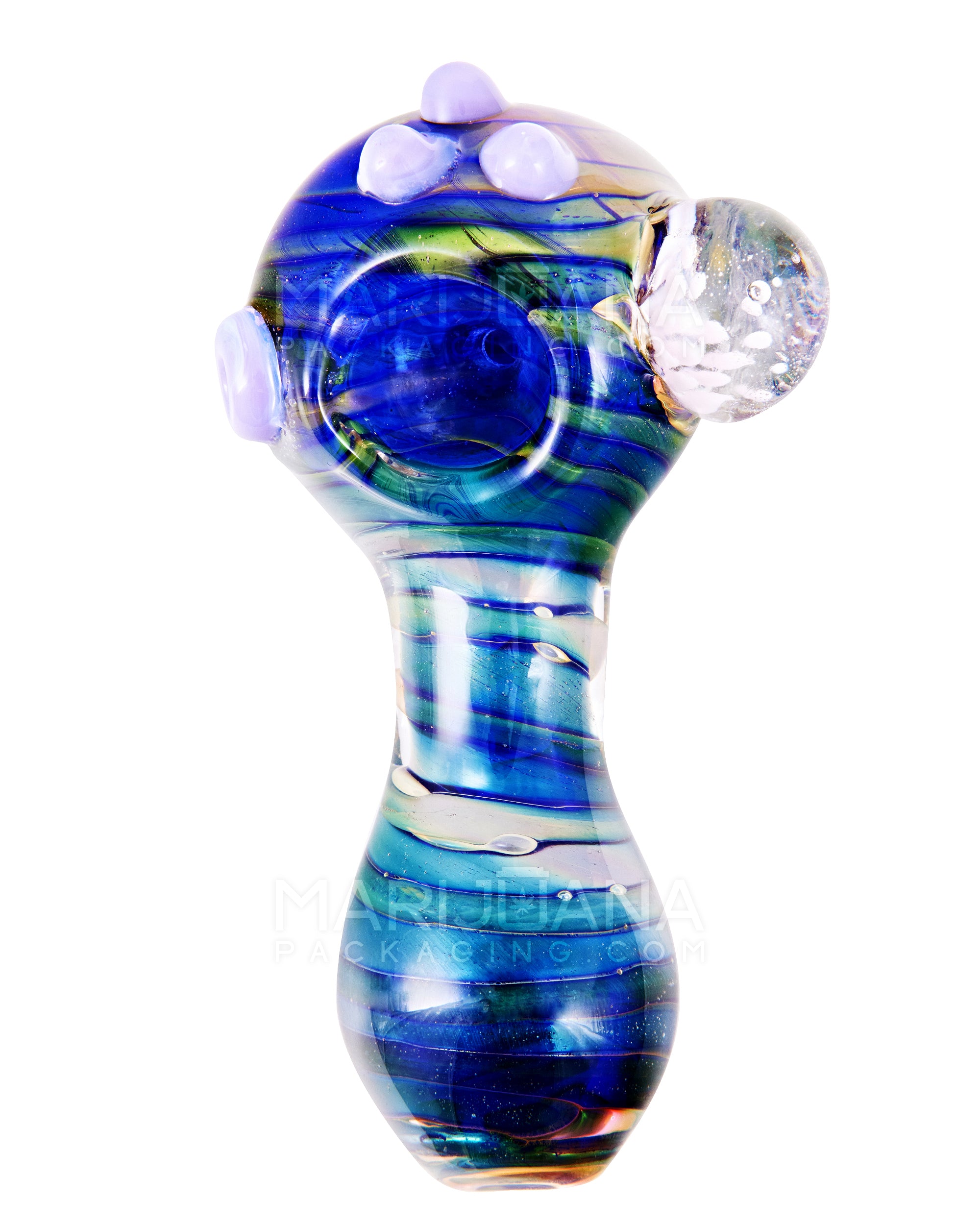 Fumed & Spiral Spoon Hand Pipe w/ Flower Implosion Marble & Triple Knockers | 4.5in Long - Glass - Assorted - 2