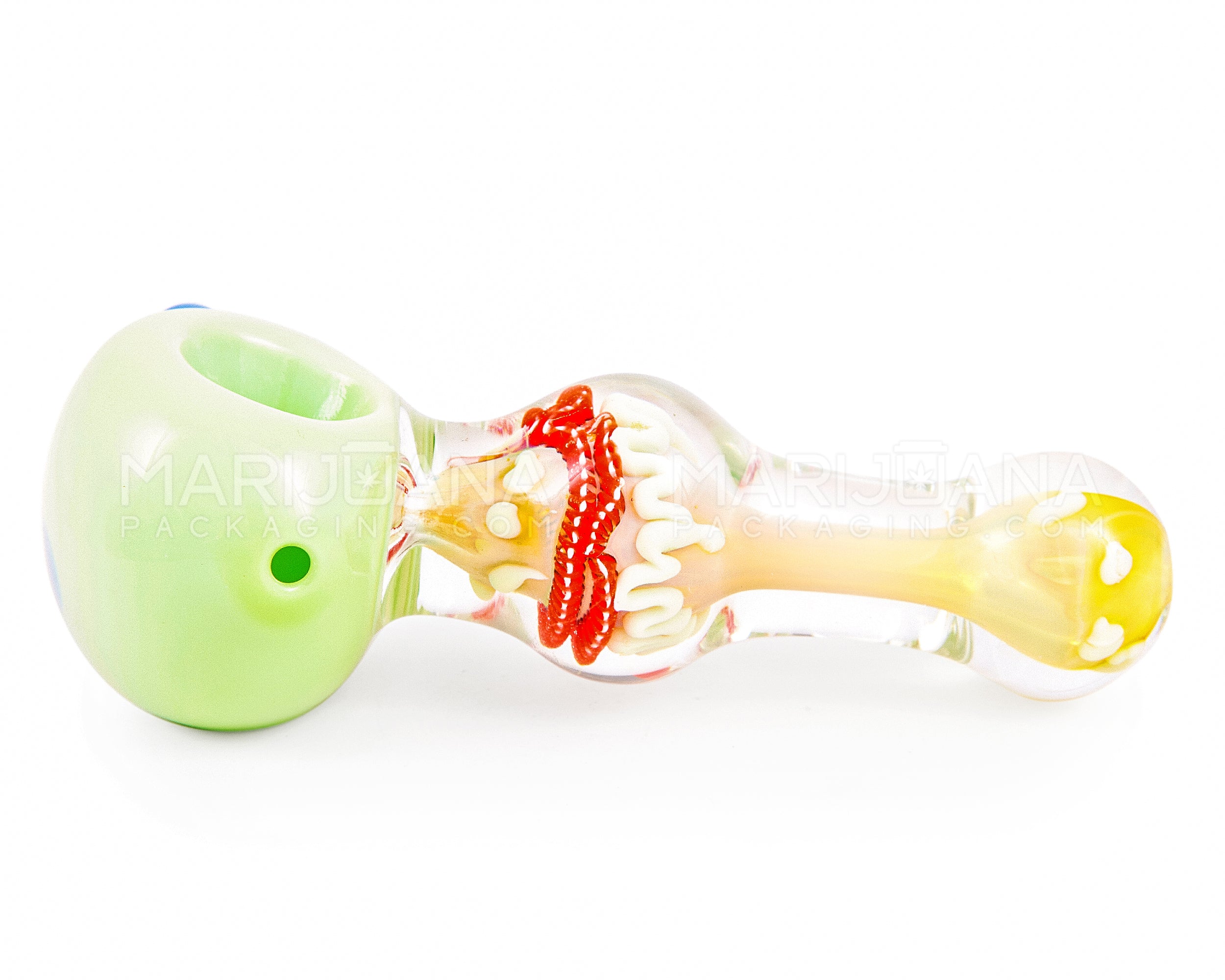 Ribboned & Fumed Color Bowl Spoon Hand Pipe w/ Triple Knockers | 5in Long - Glass - Assorted - 5