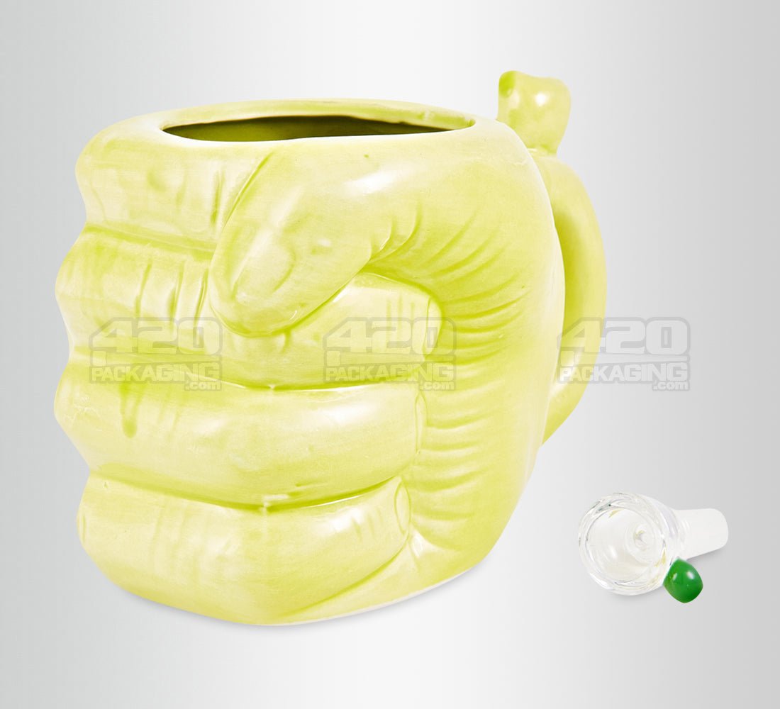 Large Fist Mug Painted Ceramic Pipe | 4.5in Tall - 14mm Bowl - Green - 3