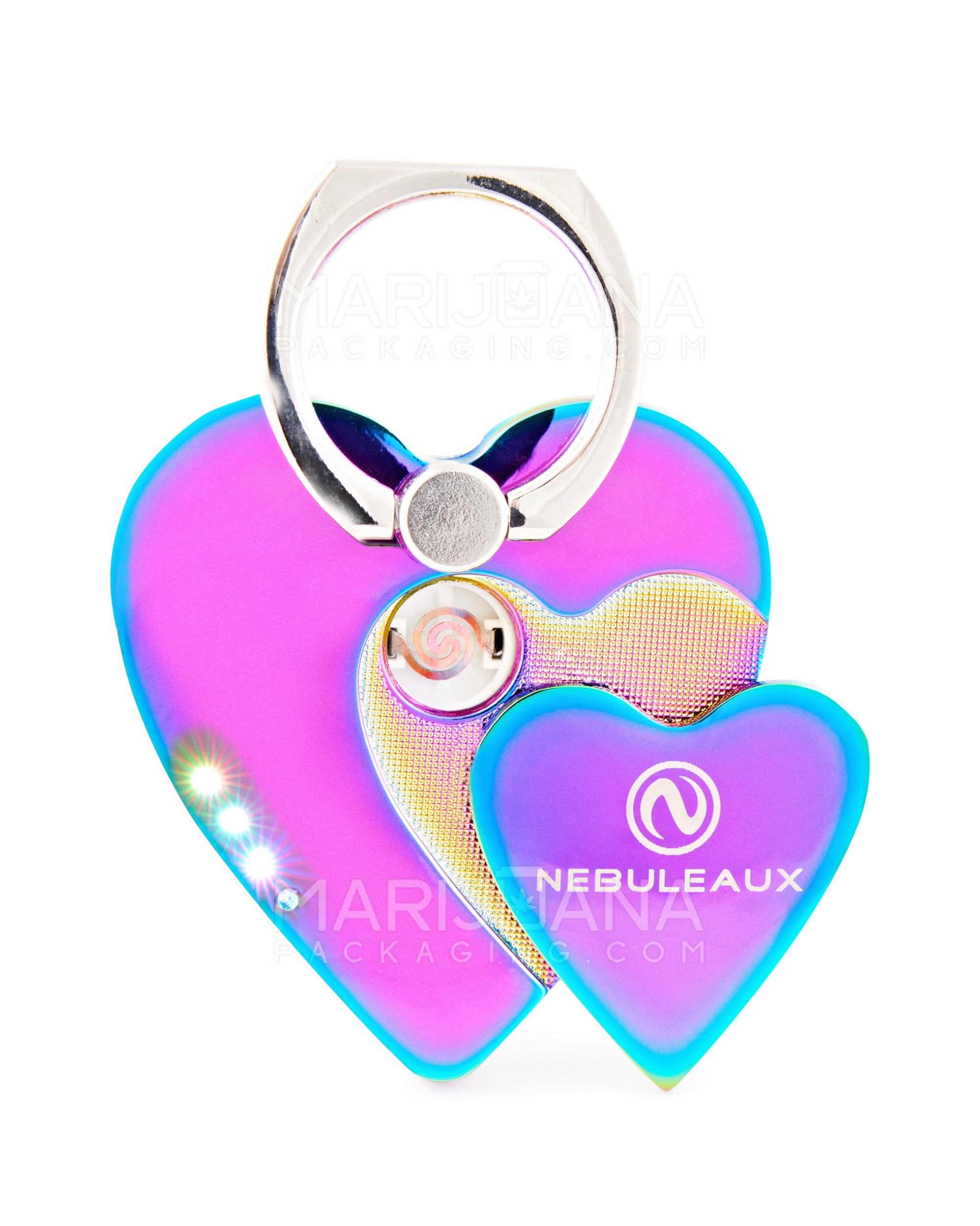 NEBULEAUX | USB Metal LED Flameless Heart Lighter w/ Cell Phone Stand Ring | 2in Tall - No Butane - Rainbow