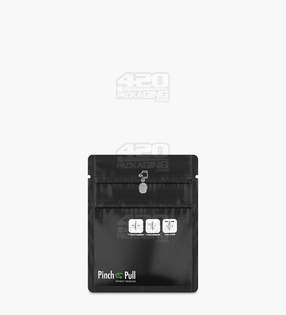 Child Resistant & Tamper Evident | Pinch N Pull Matte Black Mylar PCR Bags | 3.6in x 4.5in - 1g - 250 Count