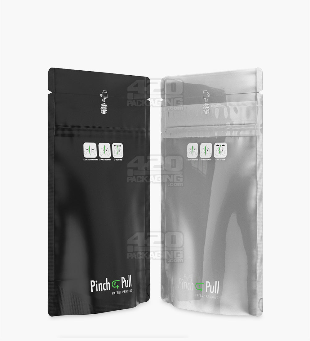 Child Resistant & Tamper Evident | Pinch N Pull Matte Black Vista PCR Mylar Bags | 4in x 7.4in - 7g - 250 Count