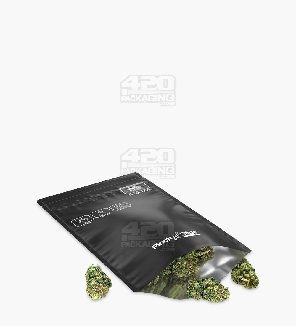 Matte-Black 4" x 7.4" Mylar Pinch N Slide 3.0 Child Resistant & Tamper Evident Bottom Loading Bags (7 grams) 250/Box - 6