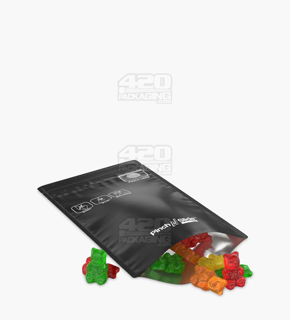 Matte-Black 4" x 7.4" Mylar Pinch N Slide 3.0 Child Resistant & Tamper Evident Bottom Loading Bags (7 grams) 250/Box - 5