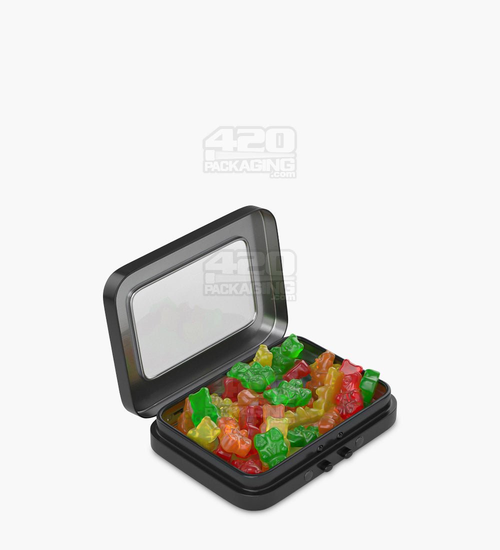 Child Resistant & Sustainable Hinged-Lid Mini Size Vista Black Tin Box w/ See-Through Window 100/Box - 2