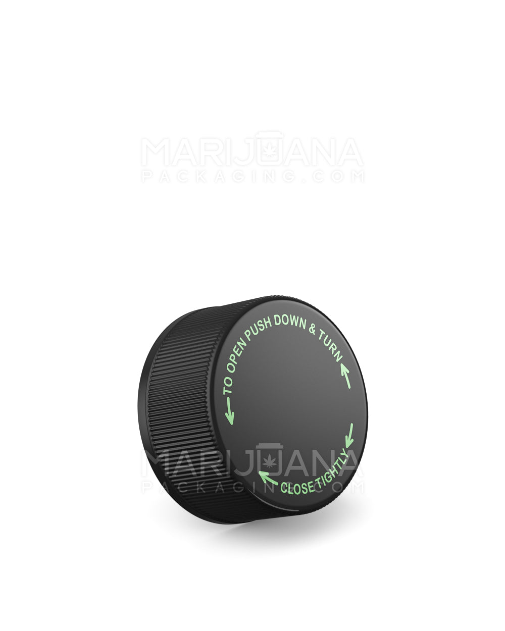 Child Resistant Ribbed Push Down & Turn Plastic Caps w/ Text | 28mm - Glossy Black | Sample - 1