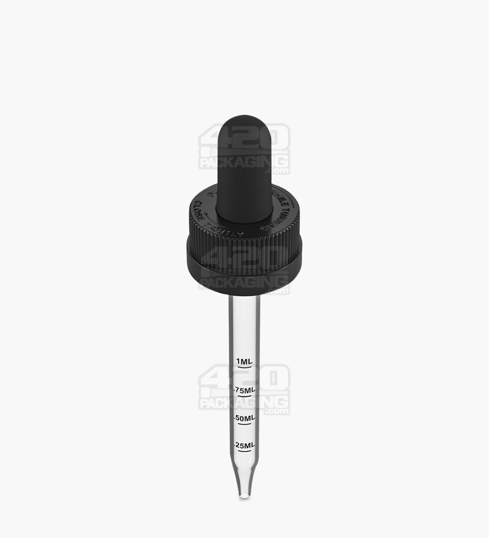 Child Resistant | Black Graduated Ribbed Glass Dropper Cap | 2oz - 1mL - 240 Count
