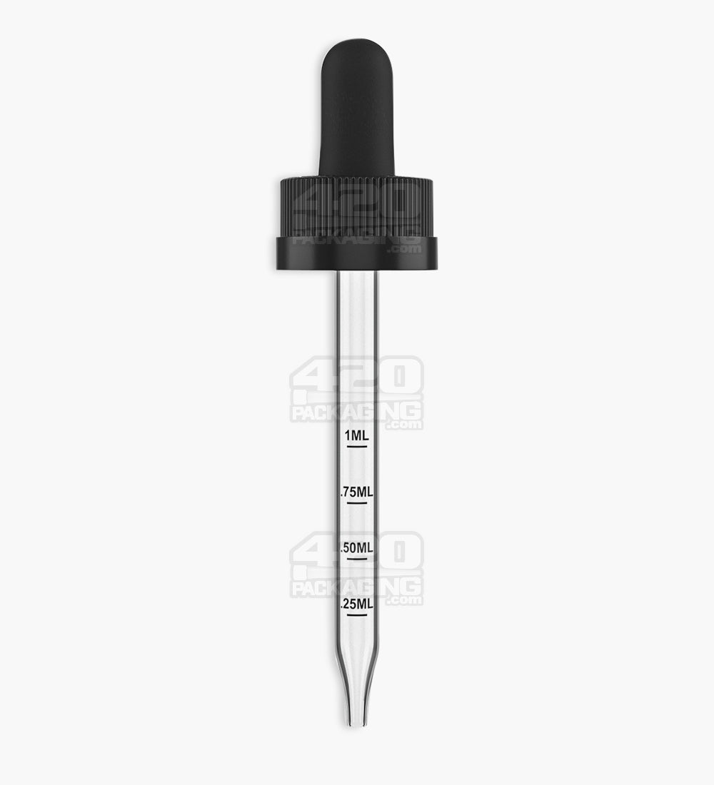 Child Resistant | Black Graduated Ribbed Glass Dropper Cap | 2oz - 1mL - 240 Count