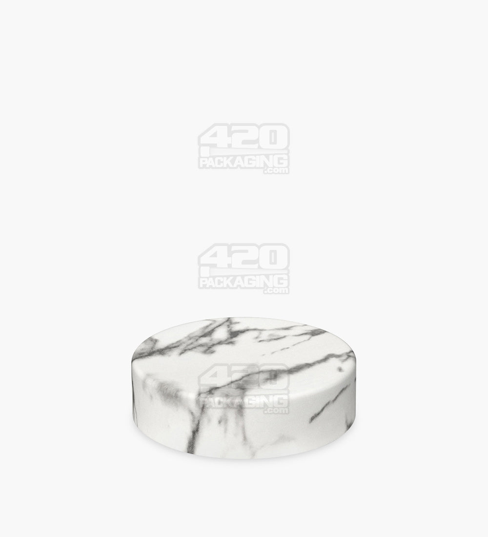 Child Resistant | Smooth Flat Push Down & Turn Plastic Caps w/ Foam Liner | 50mm - White Marble - 100 Count