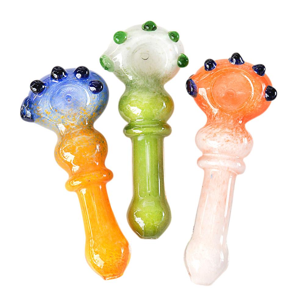 Frit Ringed Bulged Spoon Hand Pipe w/ Multi Knockers | 4.5in Long - Glass - Assorted - 1