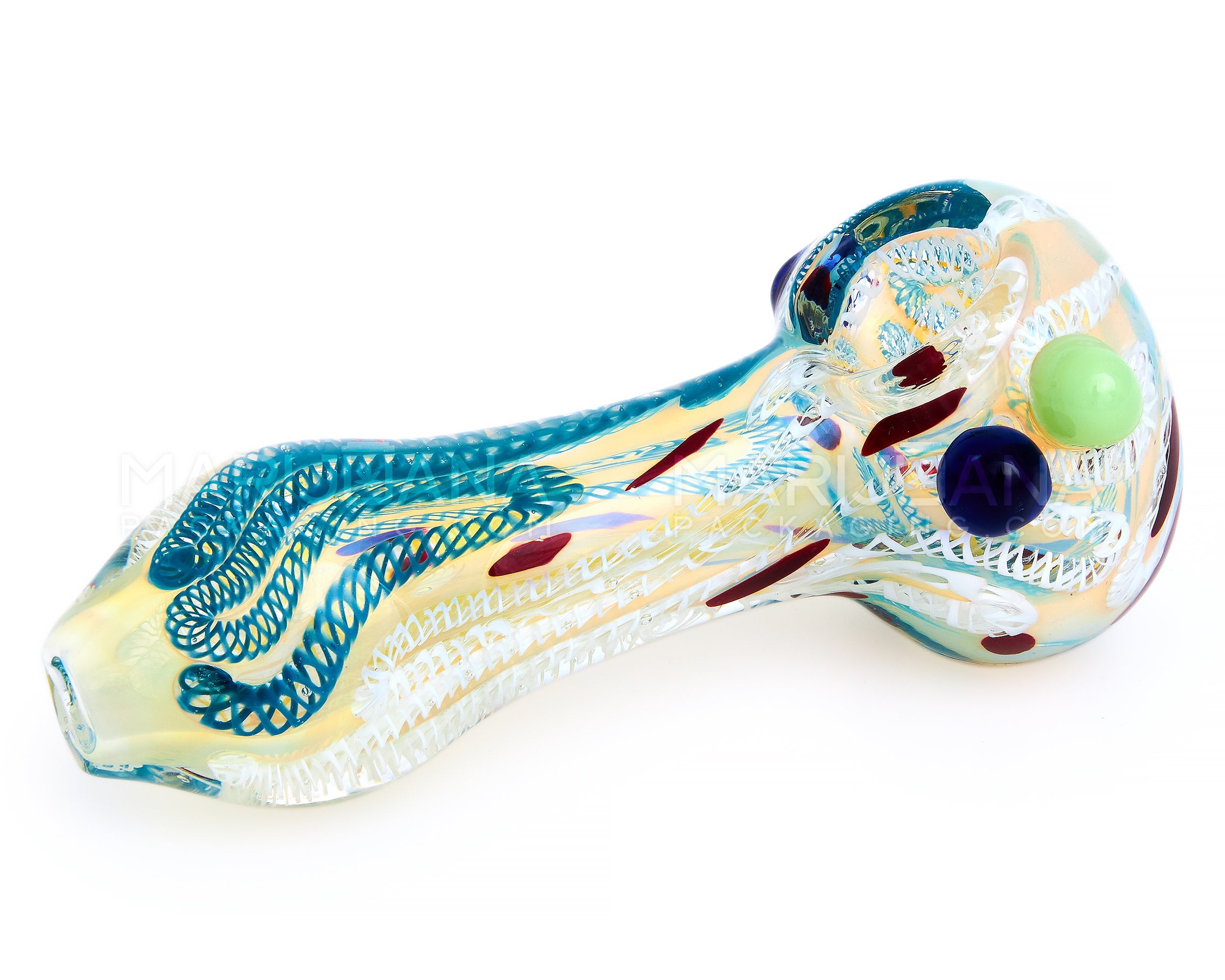 Ribboned & Gold Fumed Spoon Hand Pipe w/ Swirls & Double Knockers | 4.5in Long - Glass - Assorted - 9