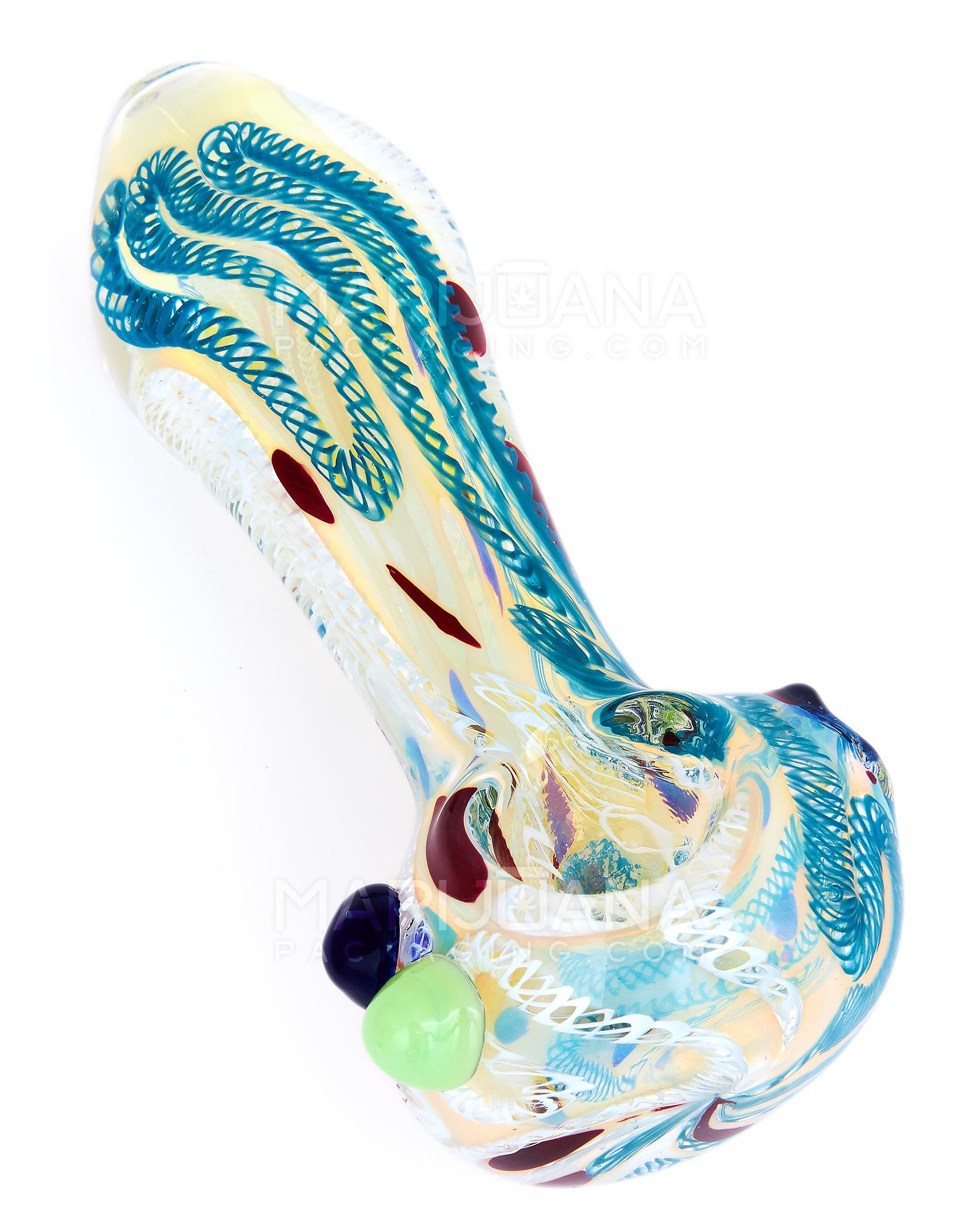Ribboned & Gold Fumed Spoon Hand Pipe w/ Swirls & Double Knockers | 4.5in Long - Glass - Assorted - 1