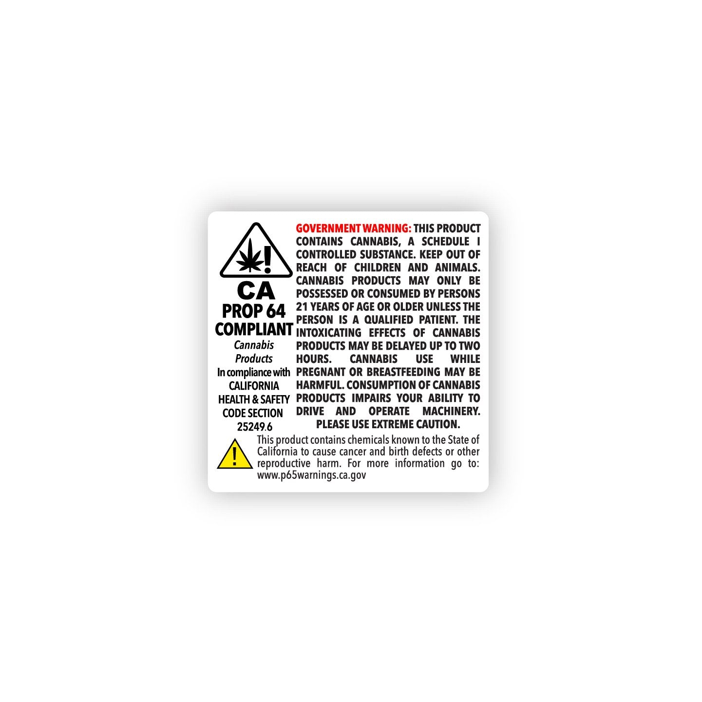 California Prop 64 Compliance Labels | 2in x 2in - Square - 1000 Count - 1