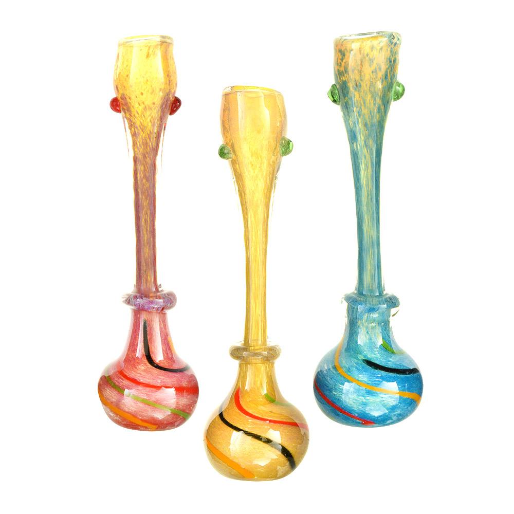 Frit & Gold Fumed Ringed Chillum Hand Pipe w/ Stripes | 5in Long - Glass - Assorted - 1