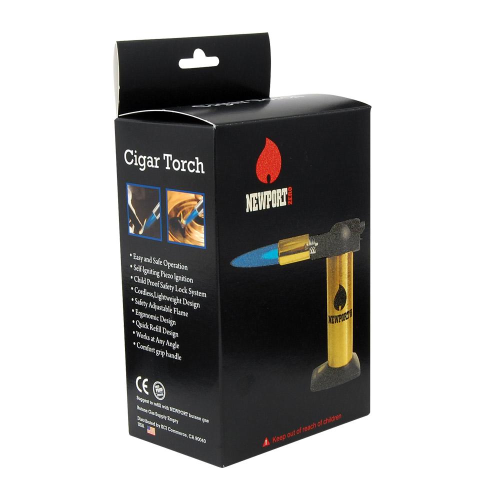 NEWPORT | Metal Cigar Torch w/ Safety Lock | 6in Tall - No Butane - Black & Gold - 6