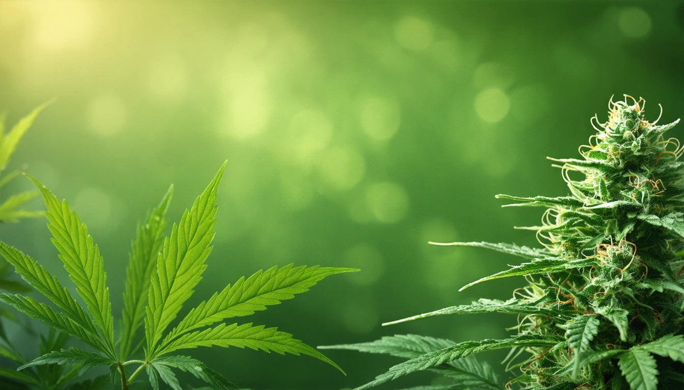 Green plant leaves and a flowering bud against a blurred green background with soft light from the top left