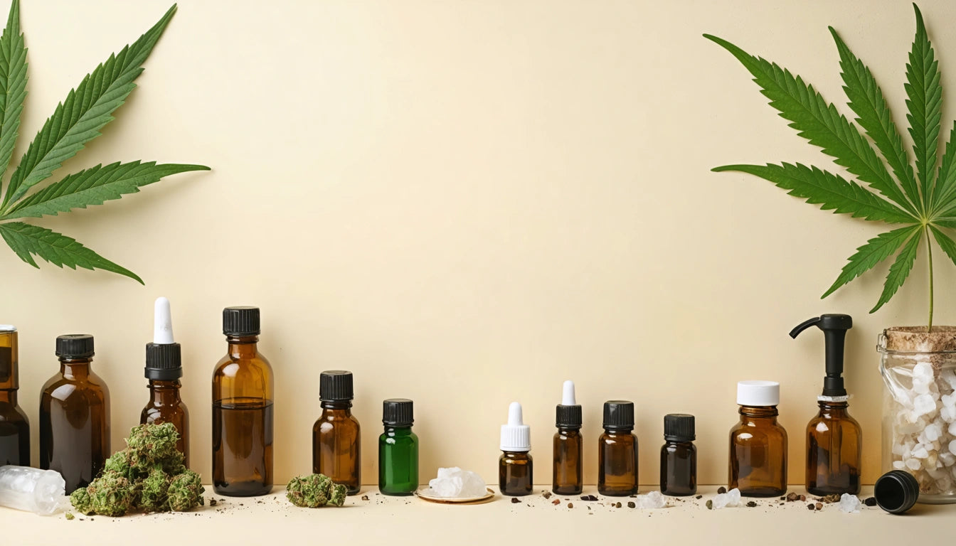 Brown and green glass bottles, dropper bottles, and cannabis leaves on a beige background with scattered soil and rocks