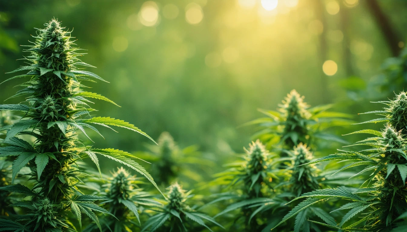 Sunlit green plants with pointed leaves and dense clusters, blurred background with soft light filtering through trees