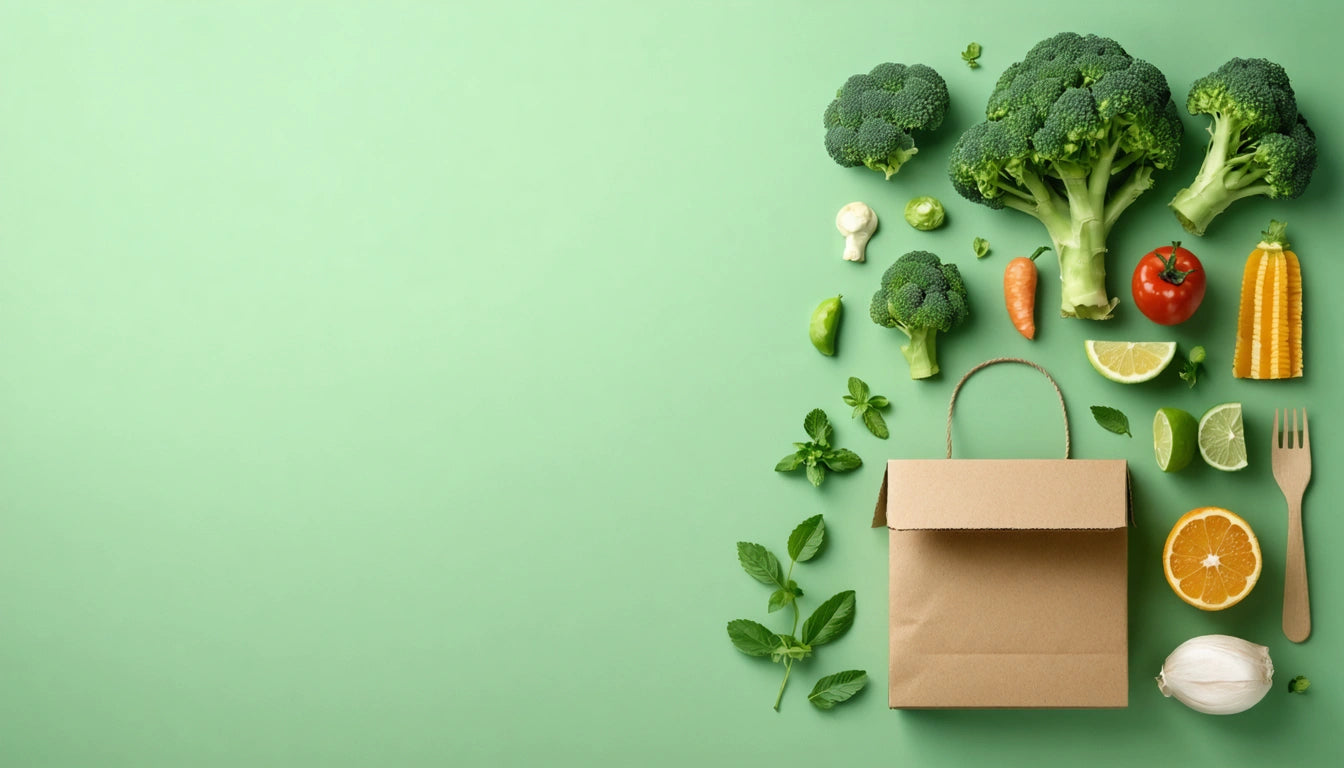 Brown paper bag surrounded by broccoli, tomato, corn, lime, orange slice, carrot, basil, and wooden fork on green background