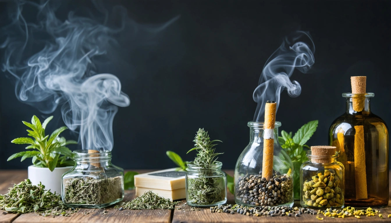 Glass jars with herbs and spices, smoke rising from incense sticks, wooden surface, dark background