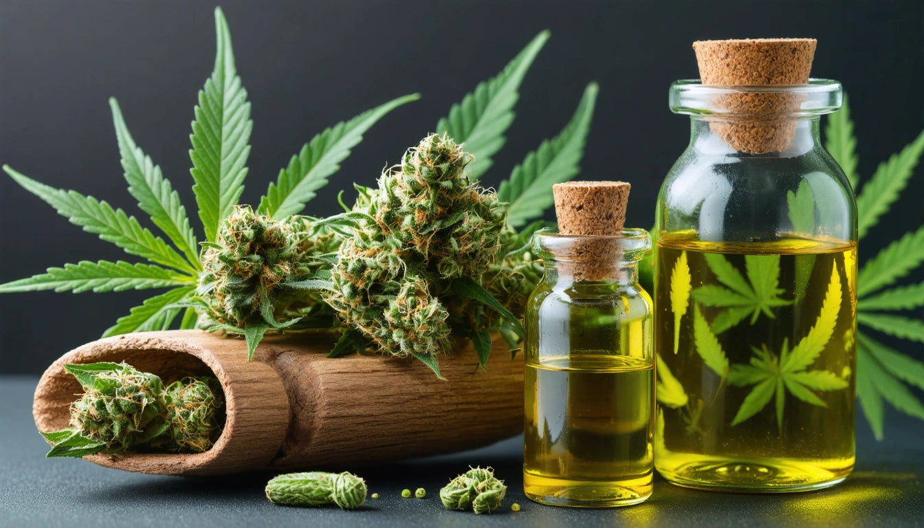 Glass bottles with corks filled with yellow liquid, wooden bowl with green buds, and large green leaves in the background