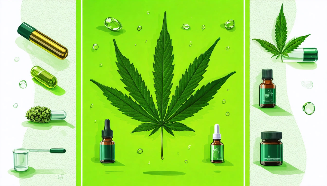 Large green leaf centered on bright green background, surrounded by small bottles, capsules, and droplets