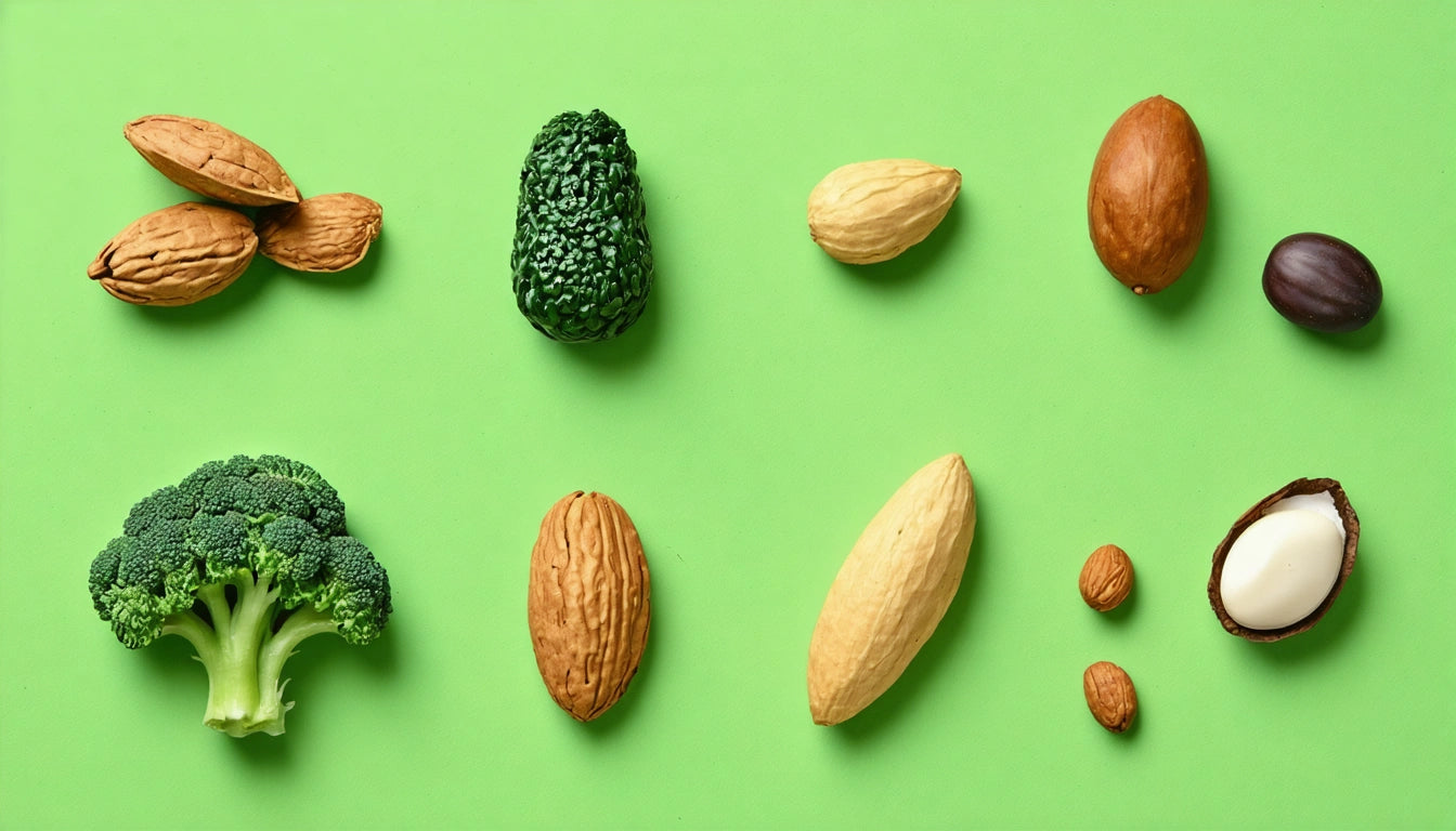 Assorted nuts and broccoli floret arranged on a bright green background