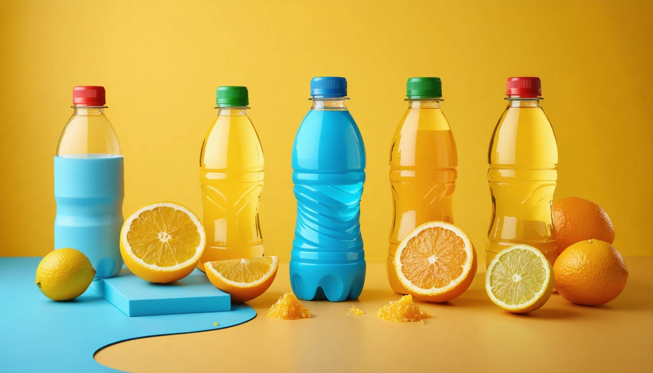Five plastic bottles with colorful caps, surrounded by sliced oranges and lemons, on a yellow and blue background