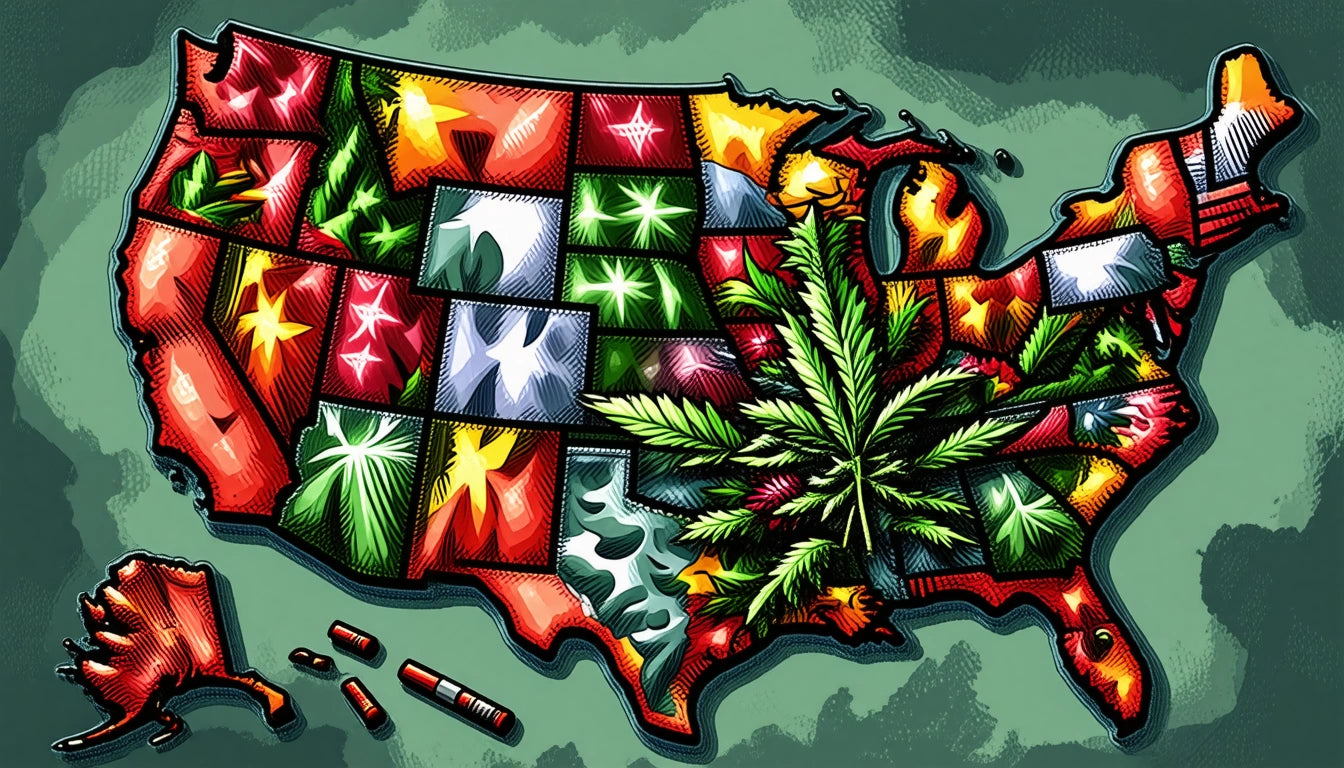 Map of the United States with each state filled with colorful cannabis leaves and patterns, set against a green background